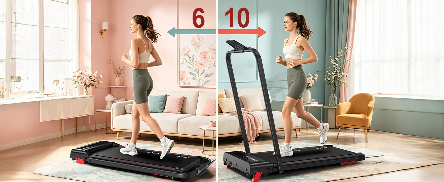 Desk treadmill 2in1 10km/h, 2,5HP, quiet, foldable for home and office Additional features transport wheels place for mobile phone/tablet foldable tilt angle adjustment display