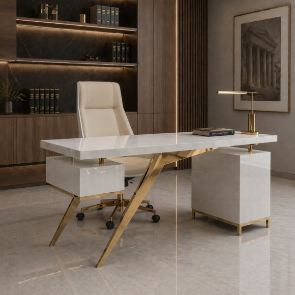Desk white glamour 160 cm gold legs glass top, modern premium