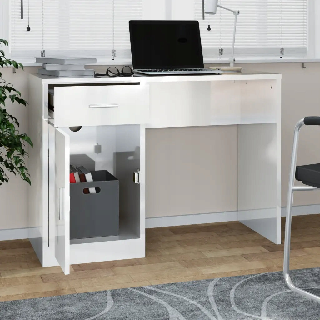 Desk with drawer and cabinet, white with gloss, Brand VidaXL