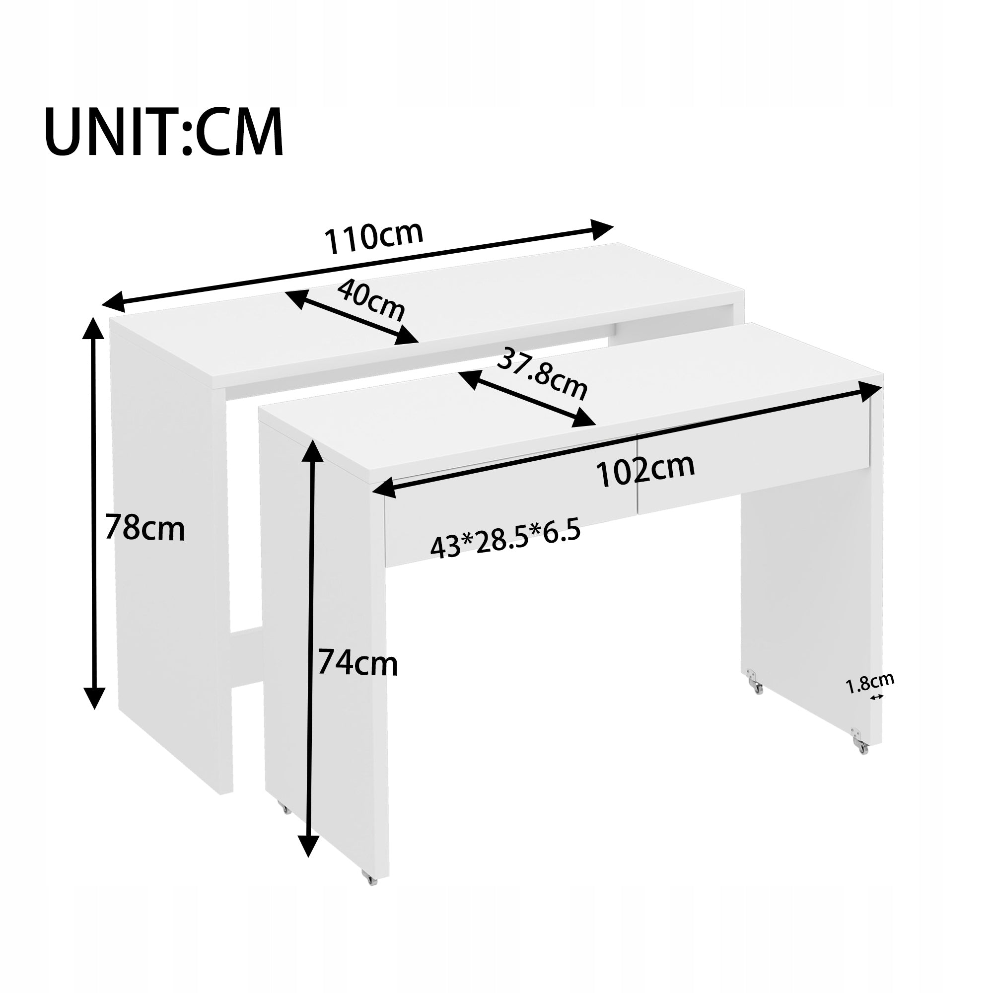Desk with shelves and chest of drawers 2in1 folding on wheels 110x40x78cm Manufacturer code 3712398_esa