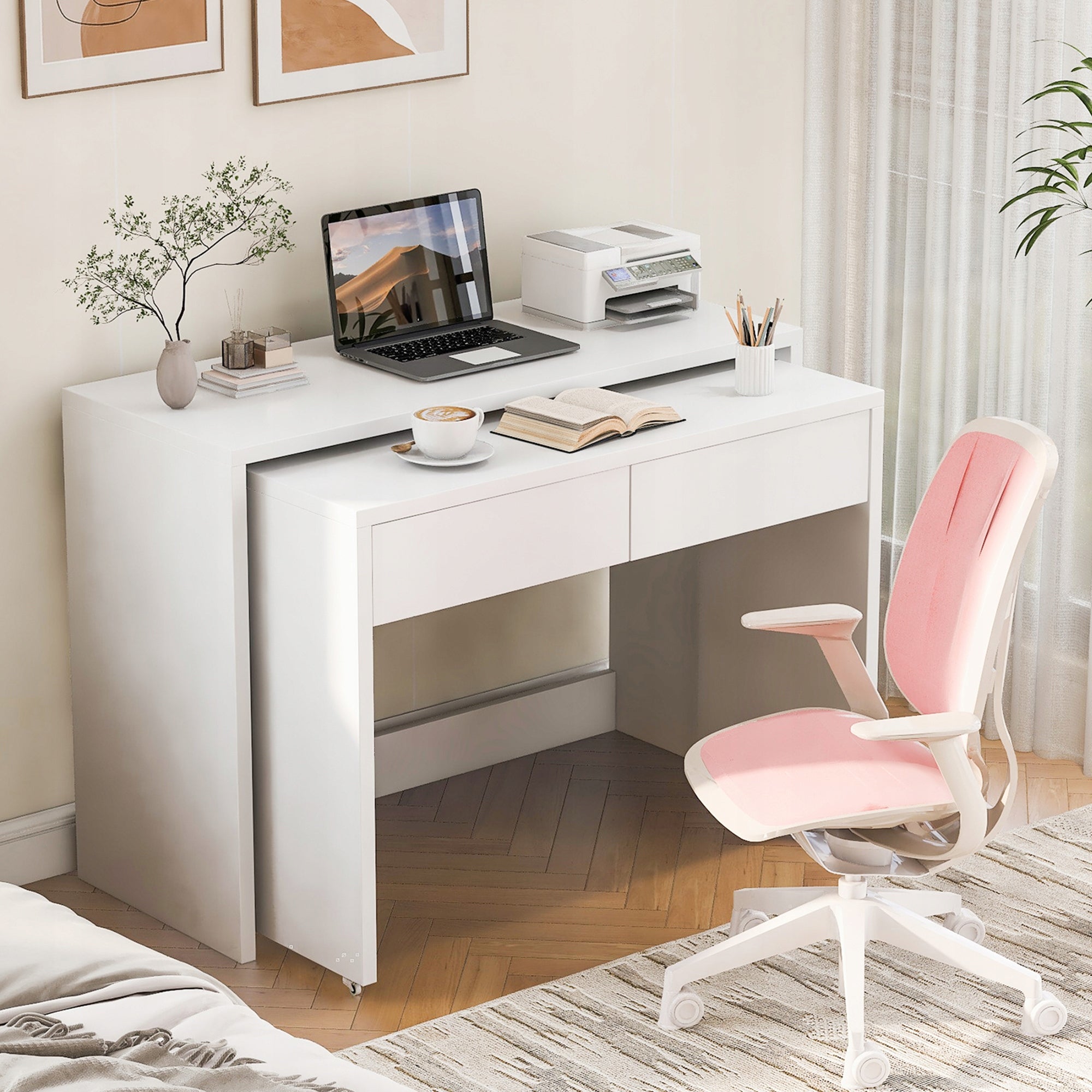 Desk with shelves and chest of drawers 2in1 folding on wheels 110x40x78cm