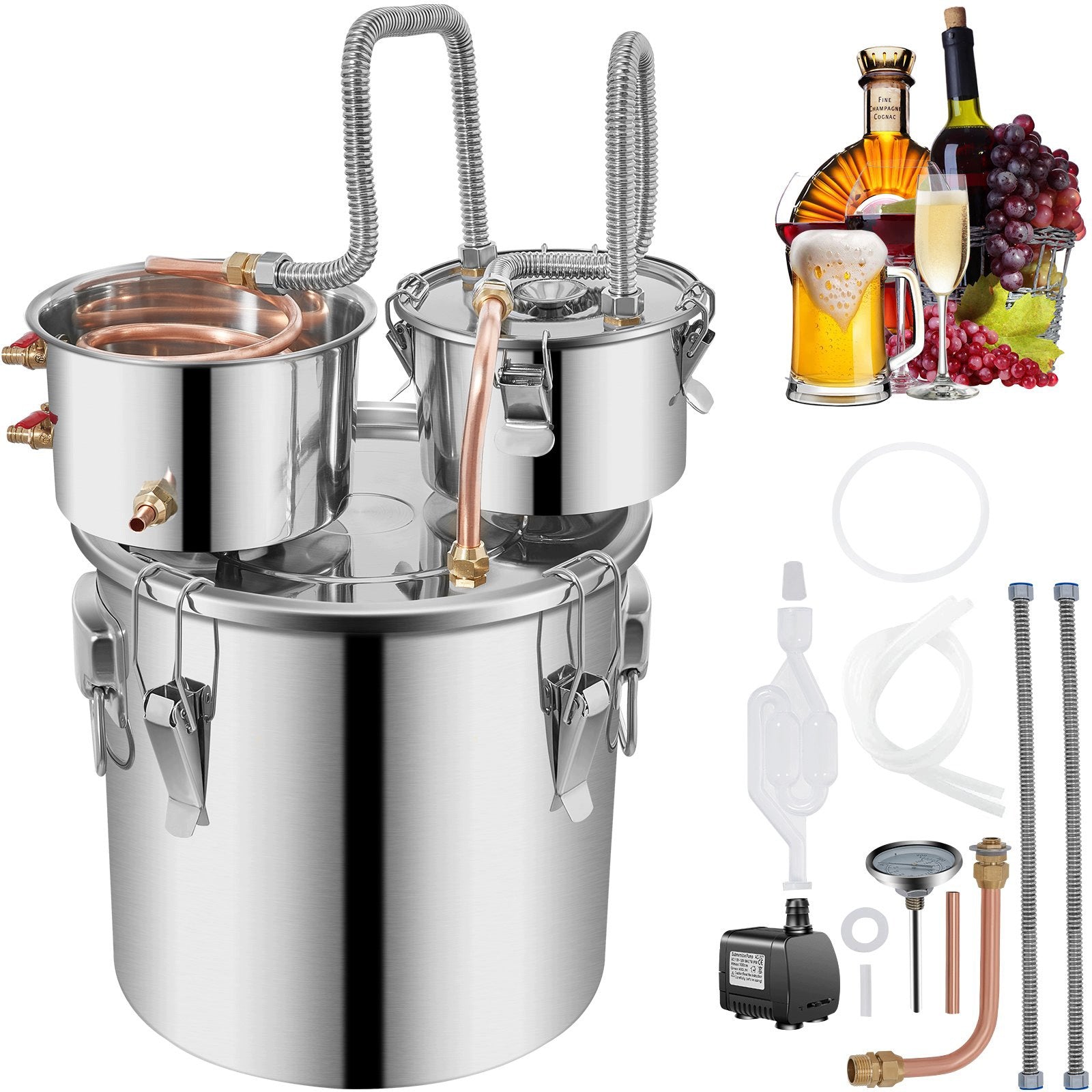 Destylator wody i alkoholu 30L 8 gal, podwójny skraplacz z pompą chłodzącą