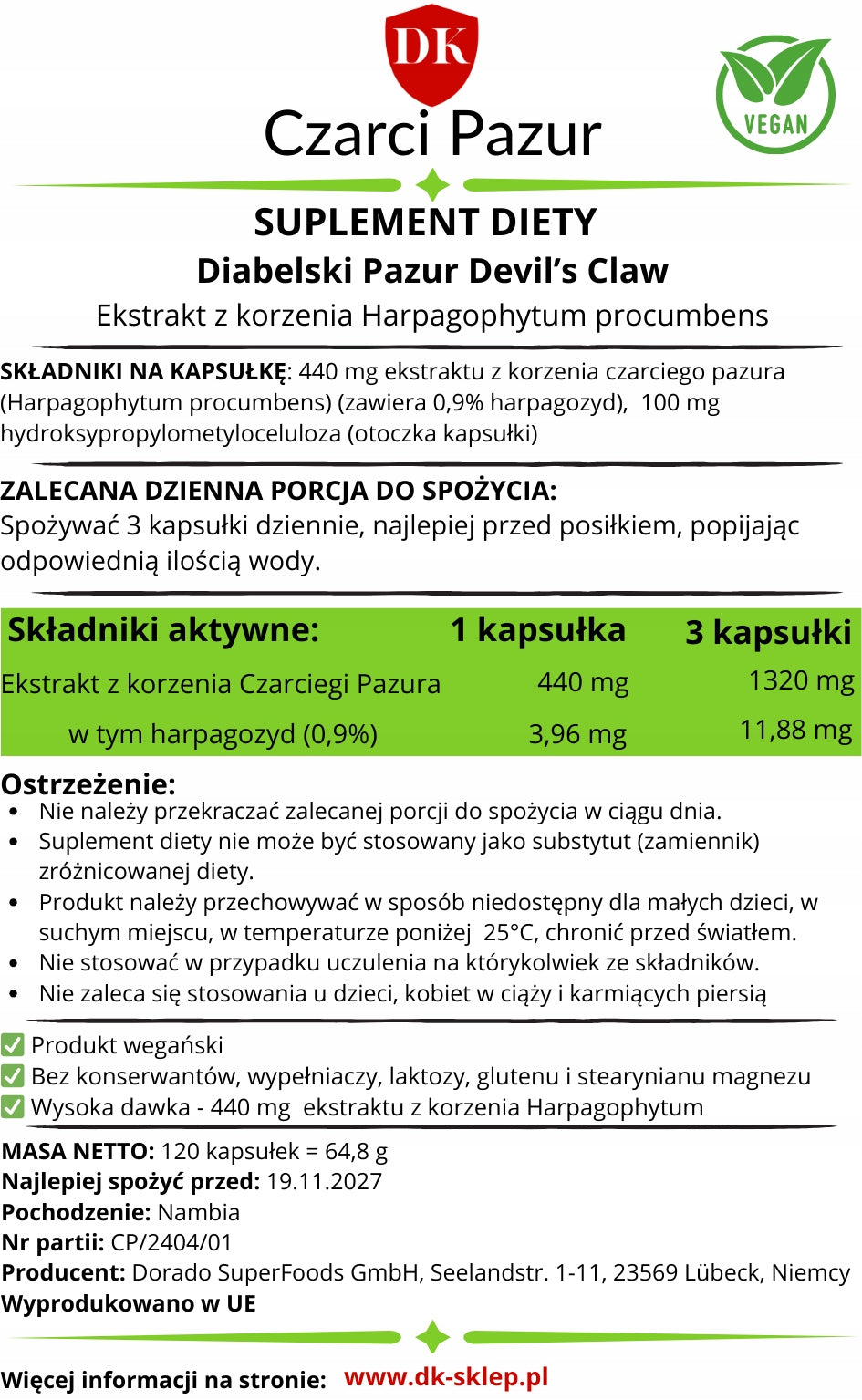 Devil's Claw Extract 120 kaps 320 mg Hakorośl Joints Bones Movement Expiration date at least 1 year from the date of purchase