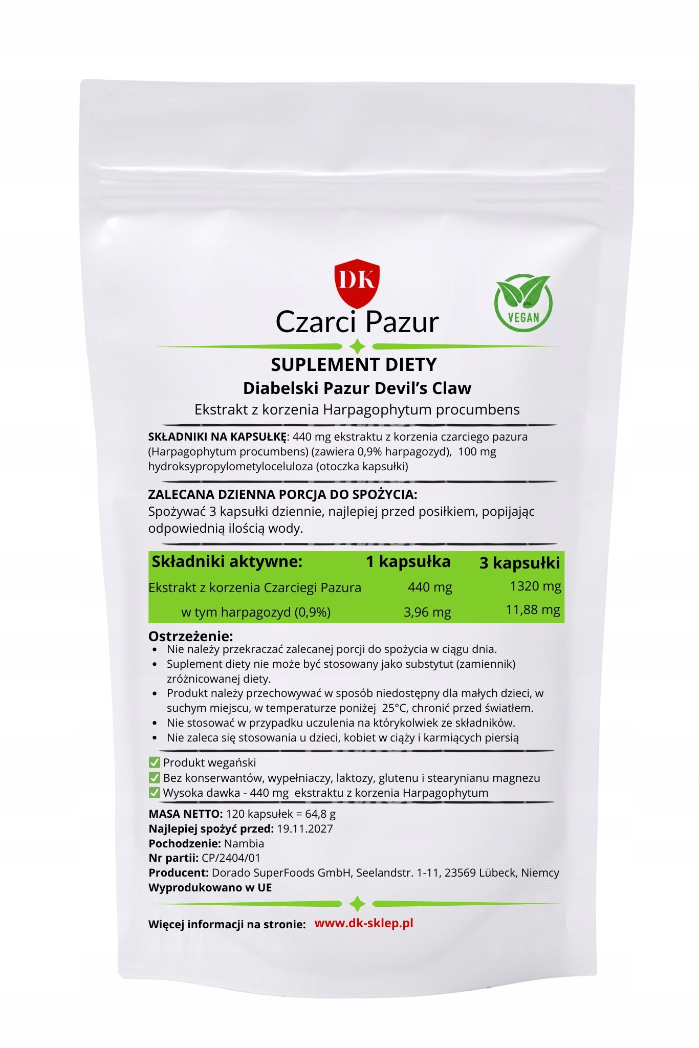 Devil's Claw Extract 120 kaps 320 mg Hakorośl Joints Bones Movement