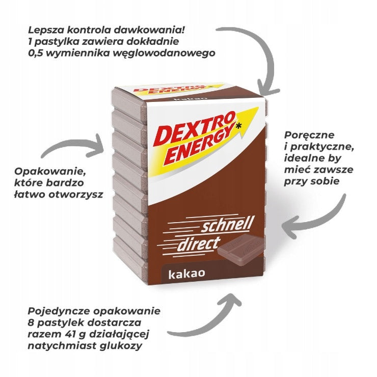 Dextro Energy carbohydrate pills Dextrose tablets cocoa flavour Manufacturer code 42180579
