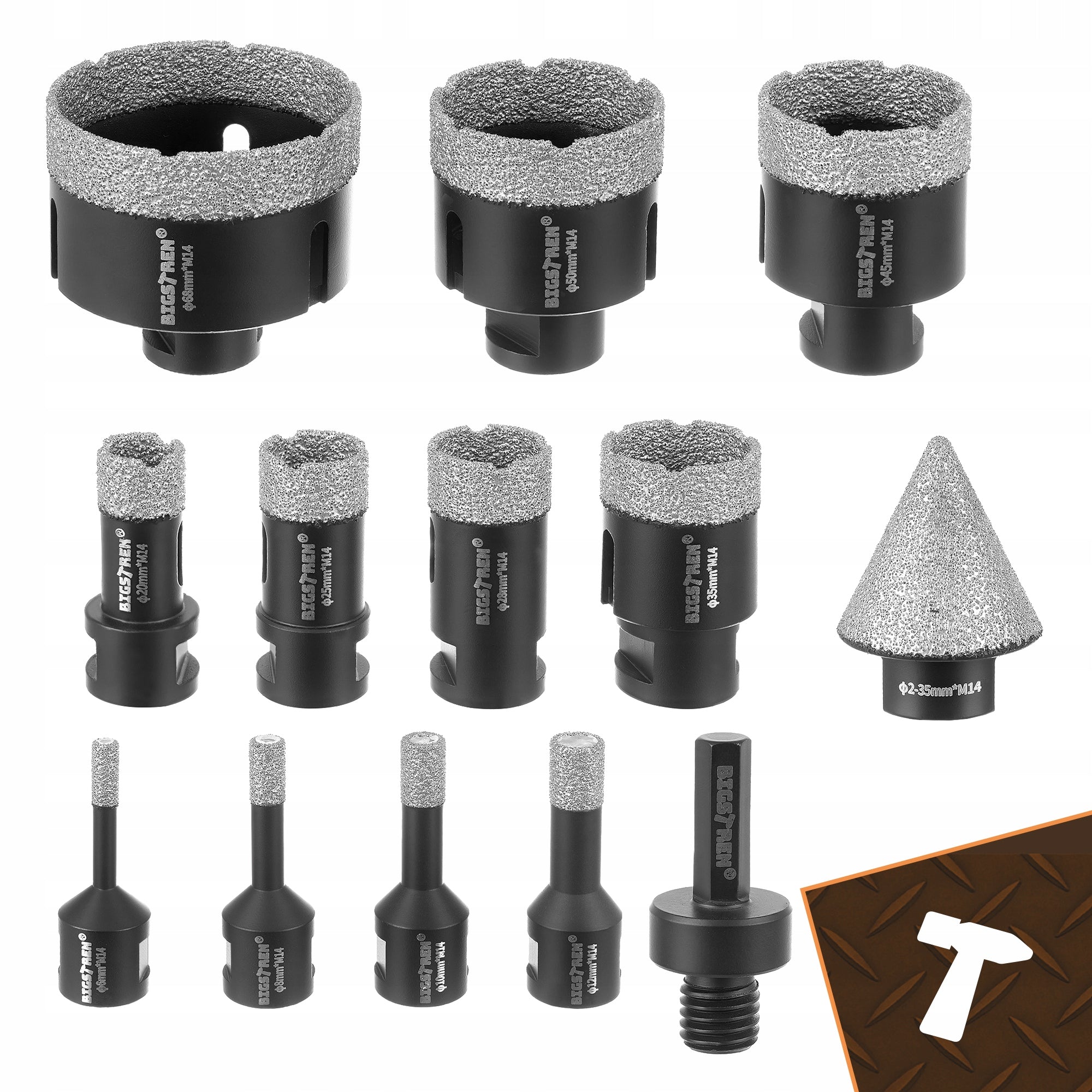 Diamond Hole Saws for Gres Concrete Stone Tiles M14 Lace 6-68 mm Manufacturer code Otwornice diamentowe- zestaw 13szt. Bigstren