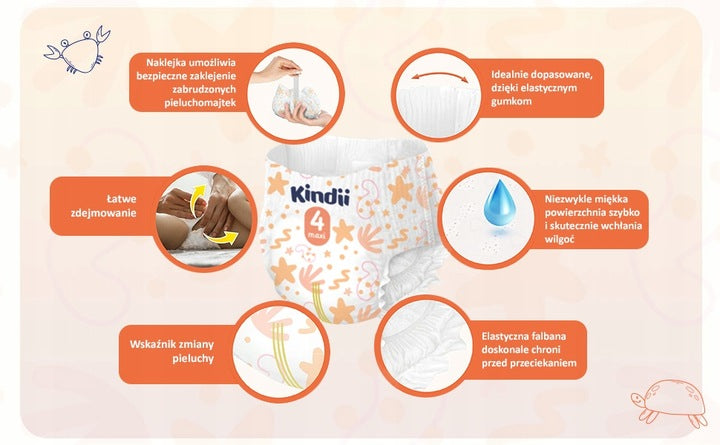 Diapers Kindii Maxi 4 (9-15kg) 22 pcs. Diapers type diaper pants