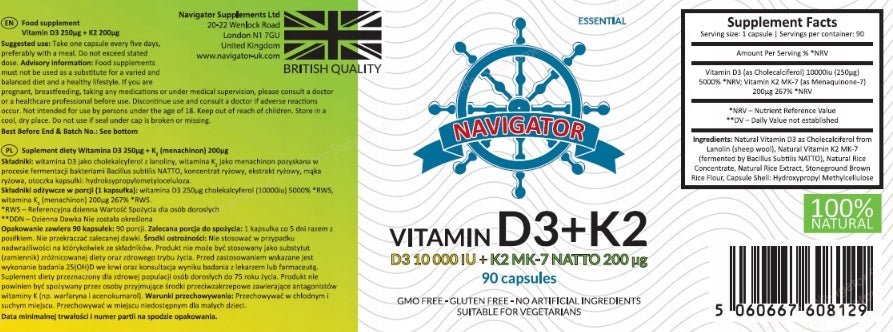 Dietary supplement Navigator vitamin D3 10000 IU vitamin K2 MK-7 90 capsules Manufacturer code erger4t