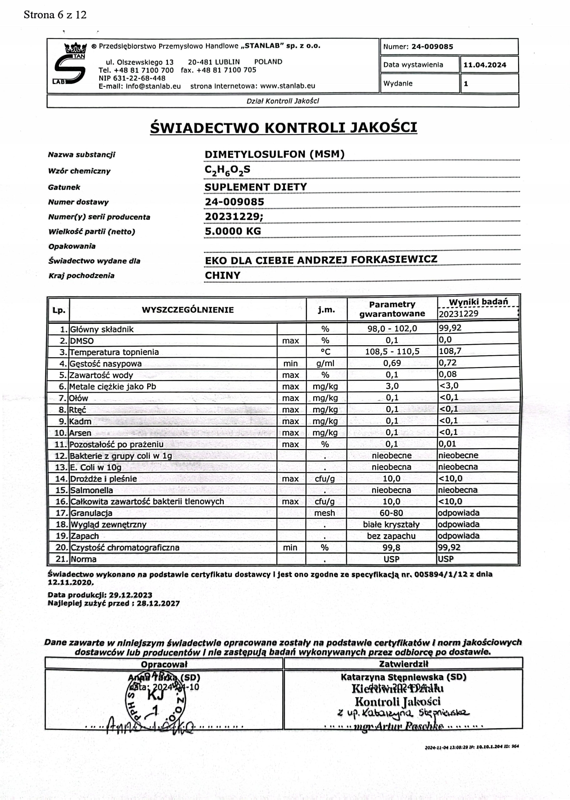 Dietary supplement Stanlab MSM powder 1000g Brand Stanlab