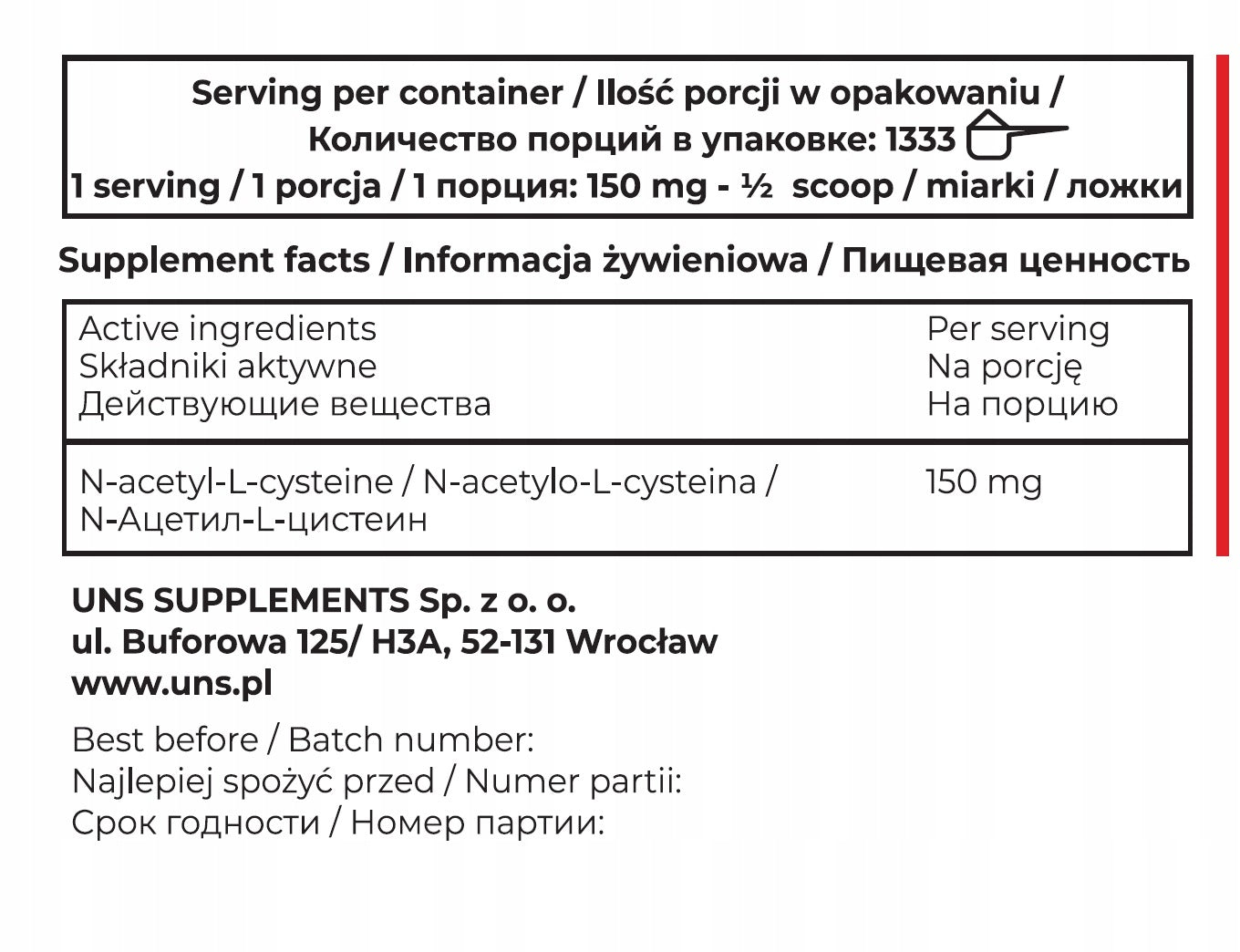 Dietary supplement UNS NAC 200 g, N-acetyl L-cysteine, healthy liver, detox Packaging status original