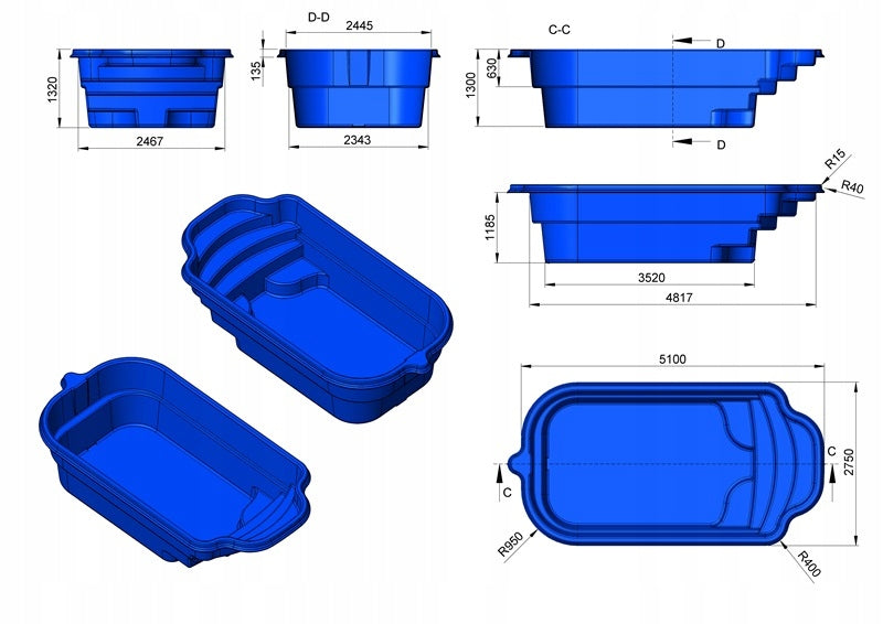 Digging pool 5,18 x 2,75 x 1,30 polyester garden SET Packaging status original