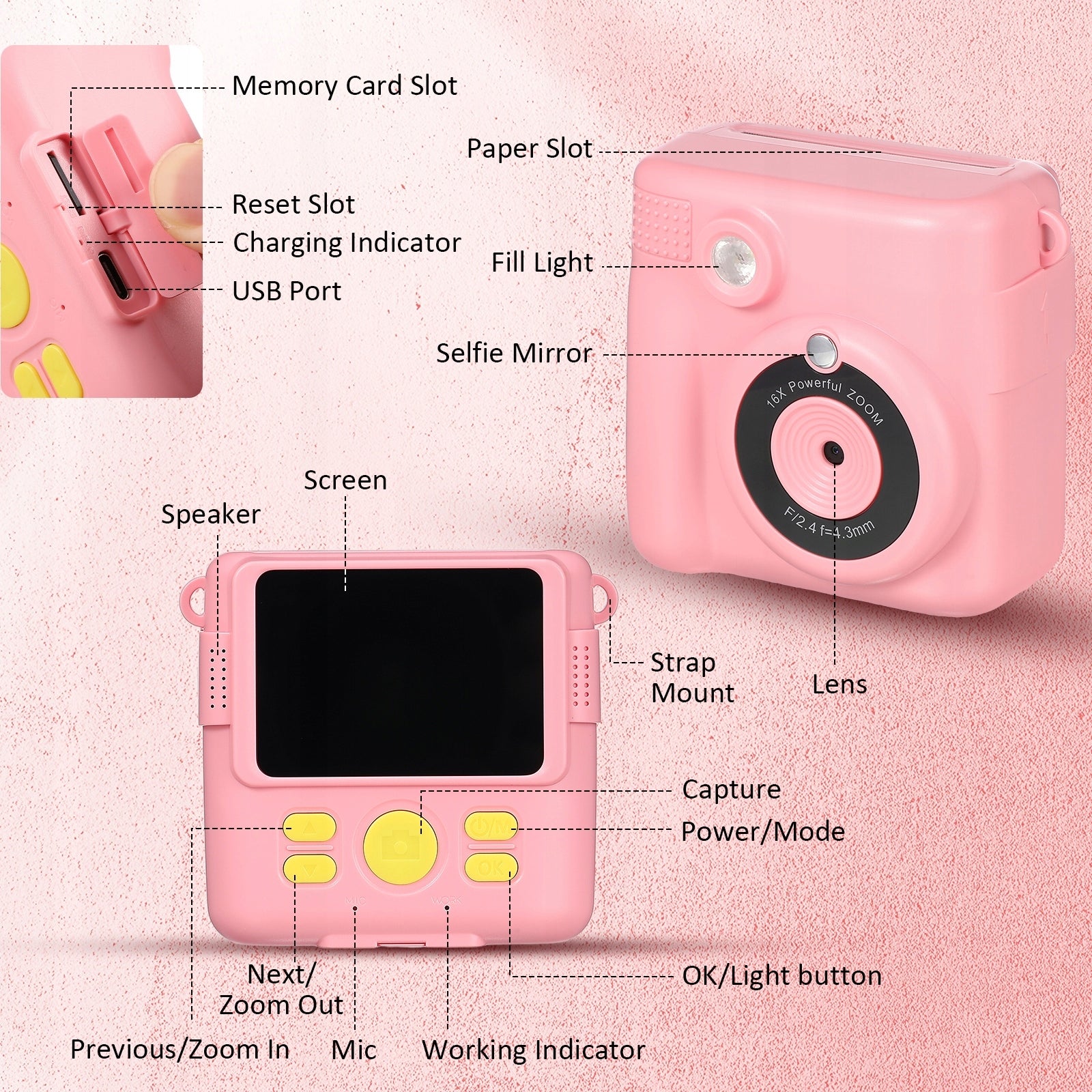 Digital Instant Camera Pink Set 32GB Rear Print 14 Rolls Brand no brand