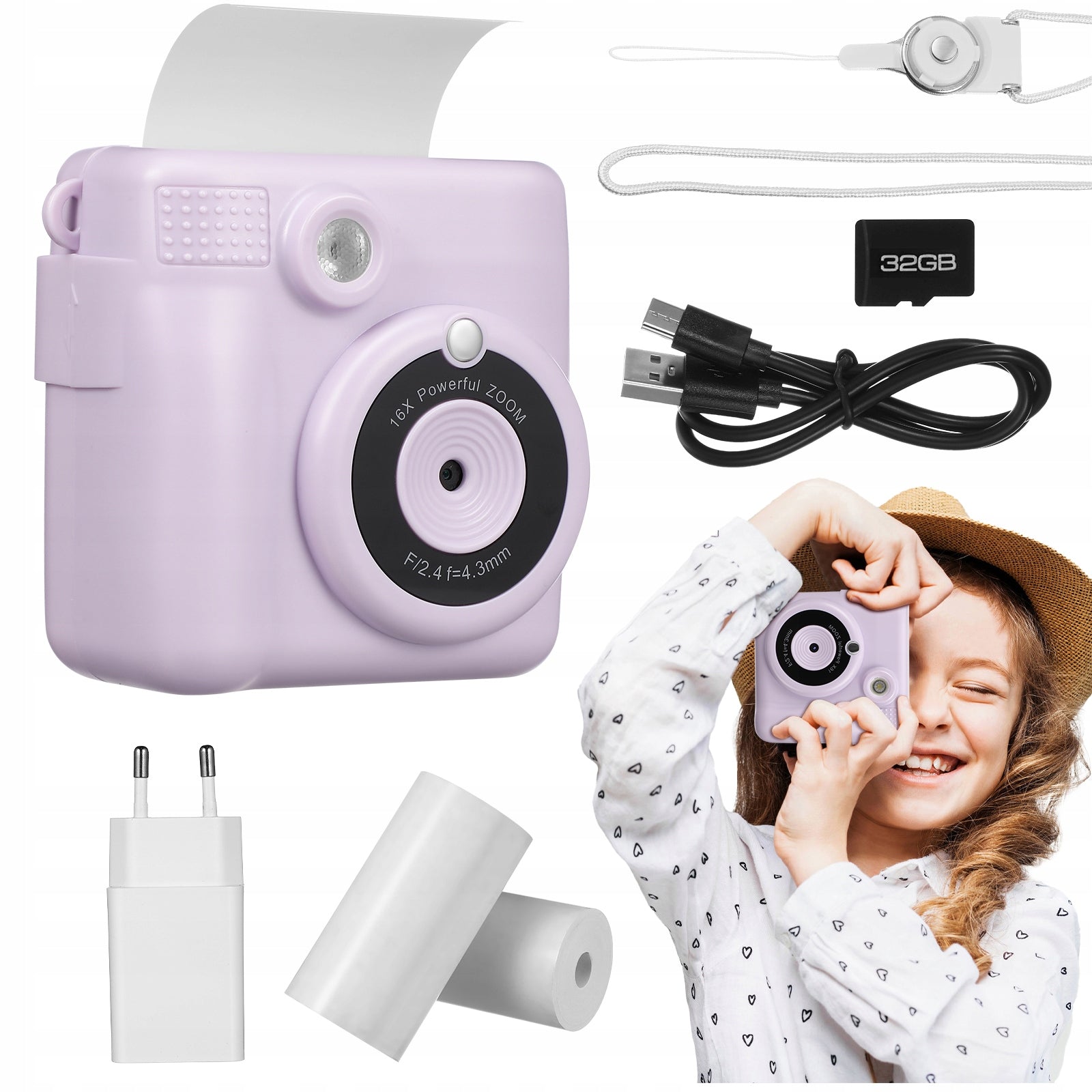 Digital Instant Camera Purple Set 32GB Rear Print 14 ROLLS
