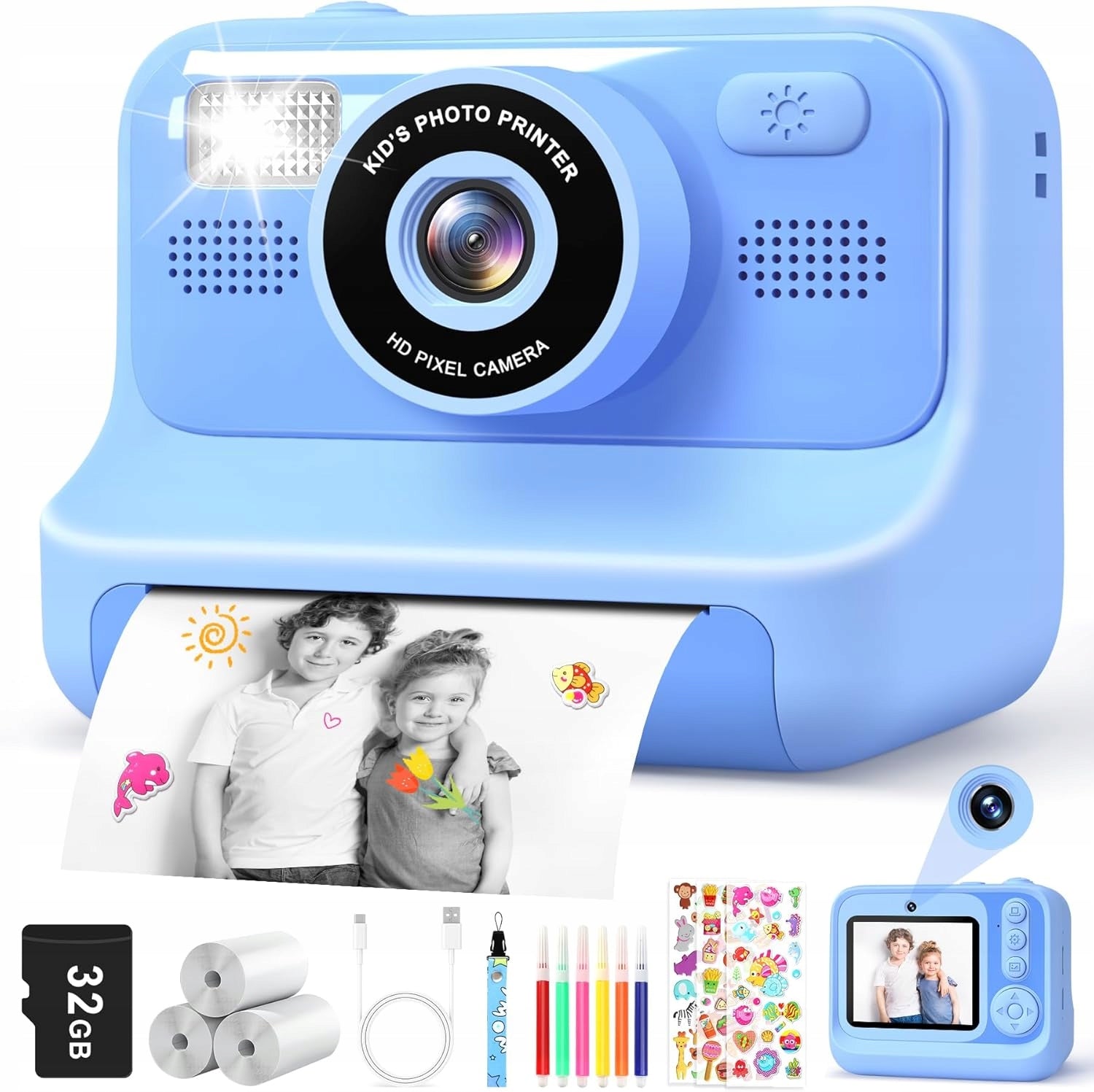 Digital camera with printer for children blue + markers rolls