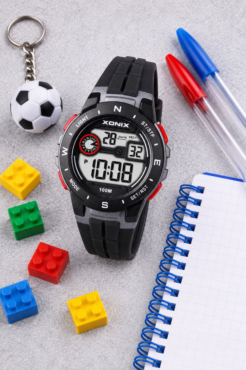 Digital watch XONIX black 10ATM 5 alarms chronograph 12/24 BAR A07 Brand Xonix