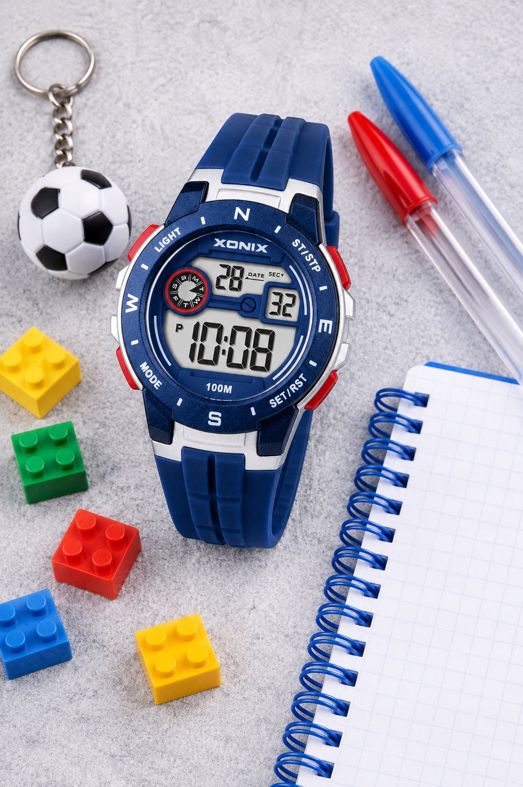 Digital watch XONIX navy blue 10ATM EL 5 alarms timer chronograph 12/24 h Brand Xonix