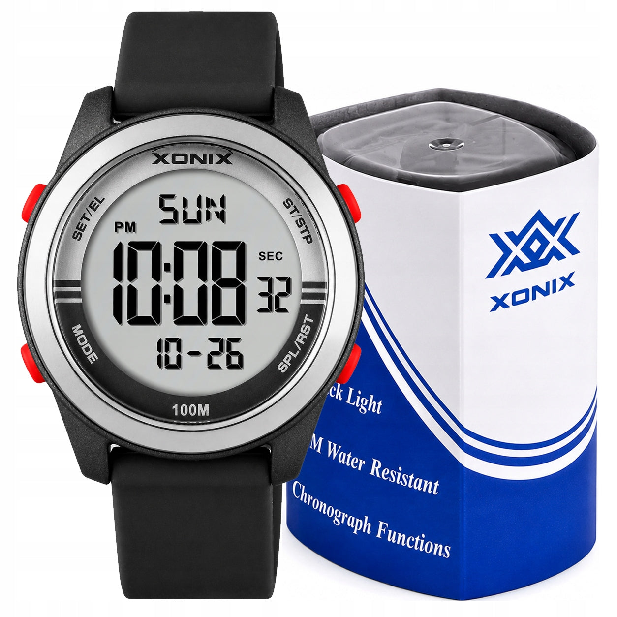 Digital watch Xonix black 10 ATM LCD alarm stopwatch timer WR BBU 007
