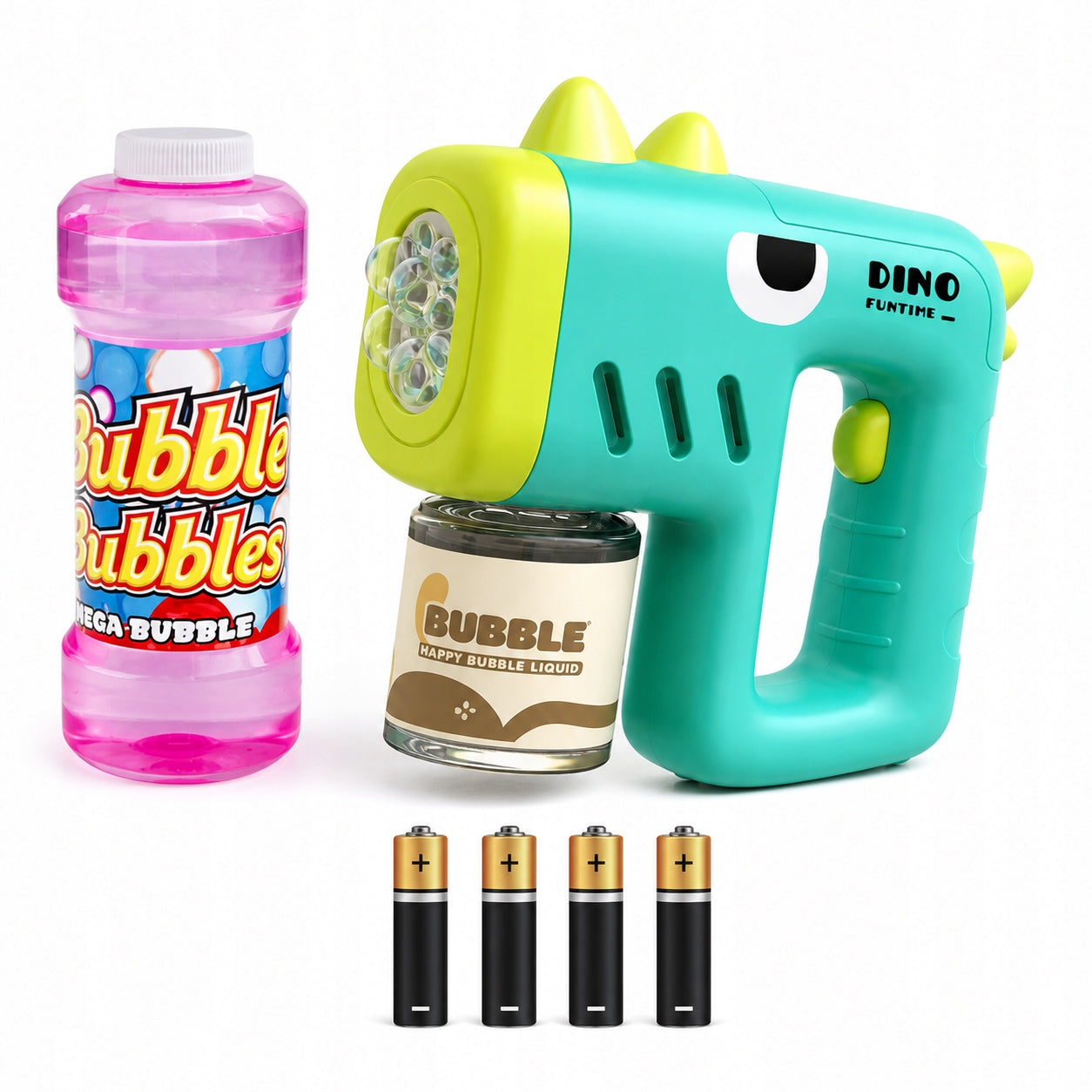 Dinosaur BUBBLE GUN + 4x BATTERIES + Liquid BUBBLE MACHINE FOR BATTERIES