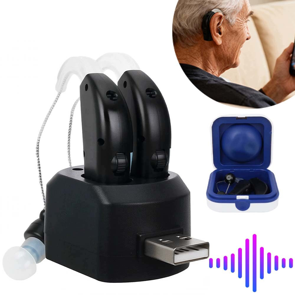 Discreet Black Hearing Aid with Volume Control and Charging Station