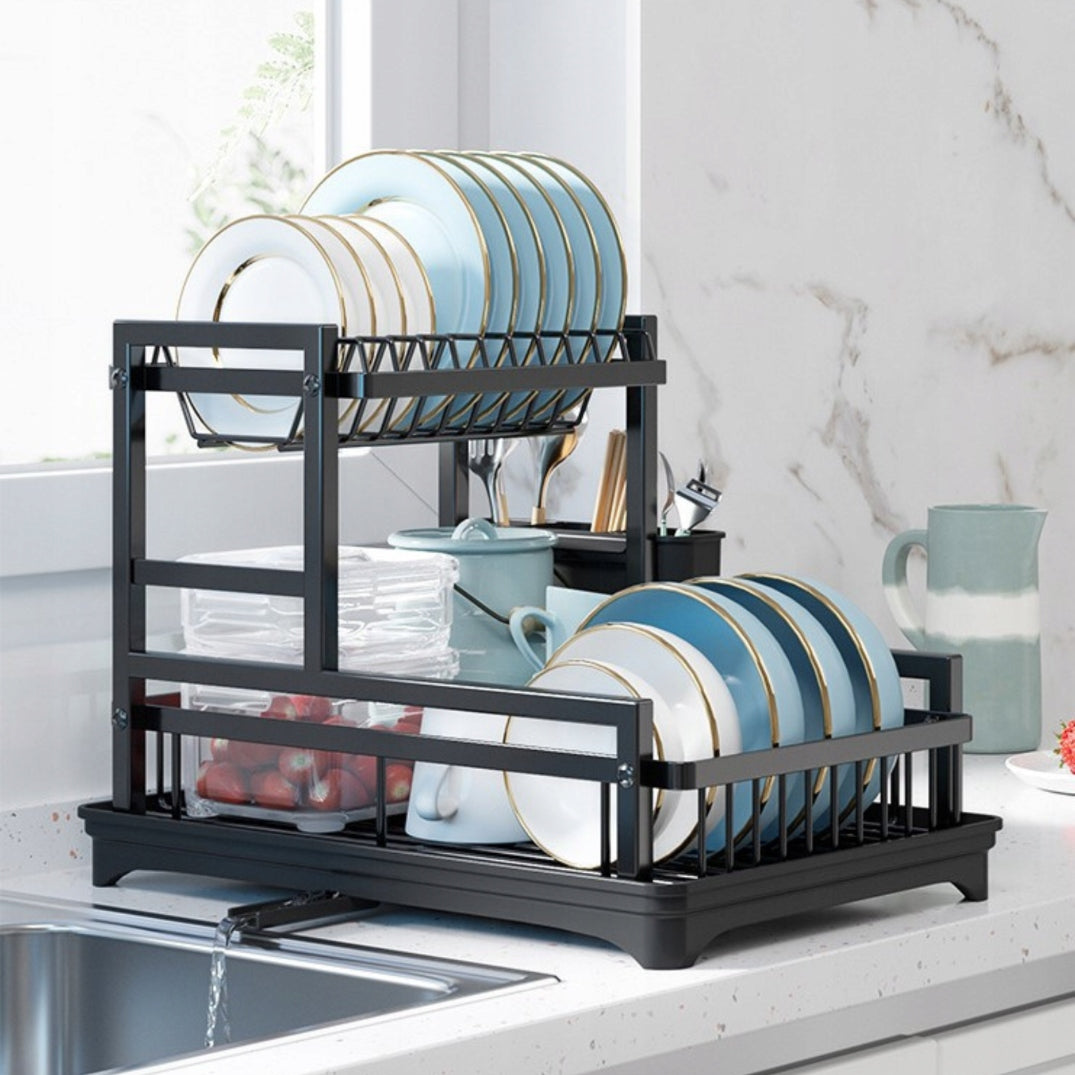 Dish Dryer Two-Tier Black Cutter Stand Organizer with Drain Packaging status original