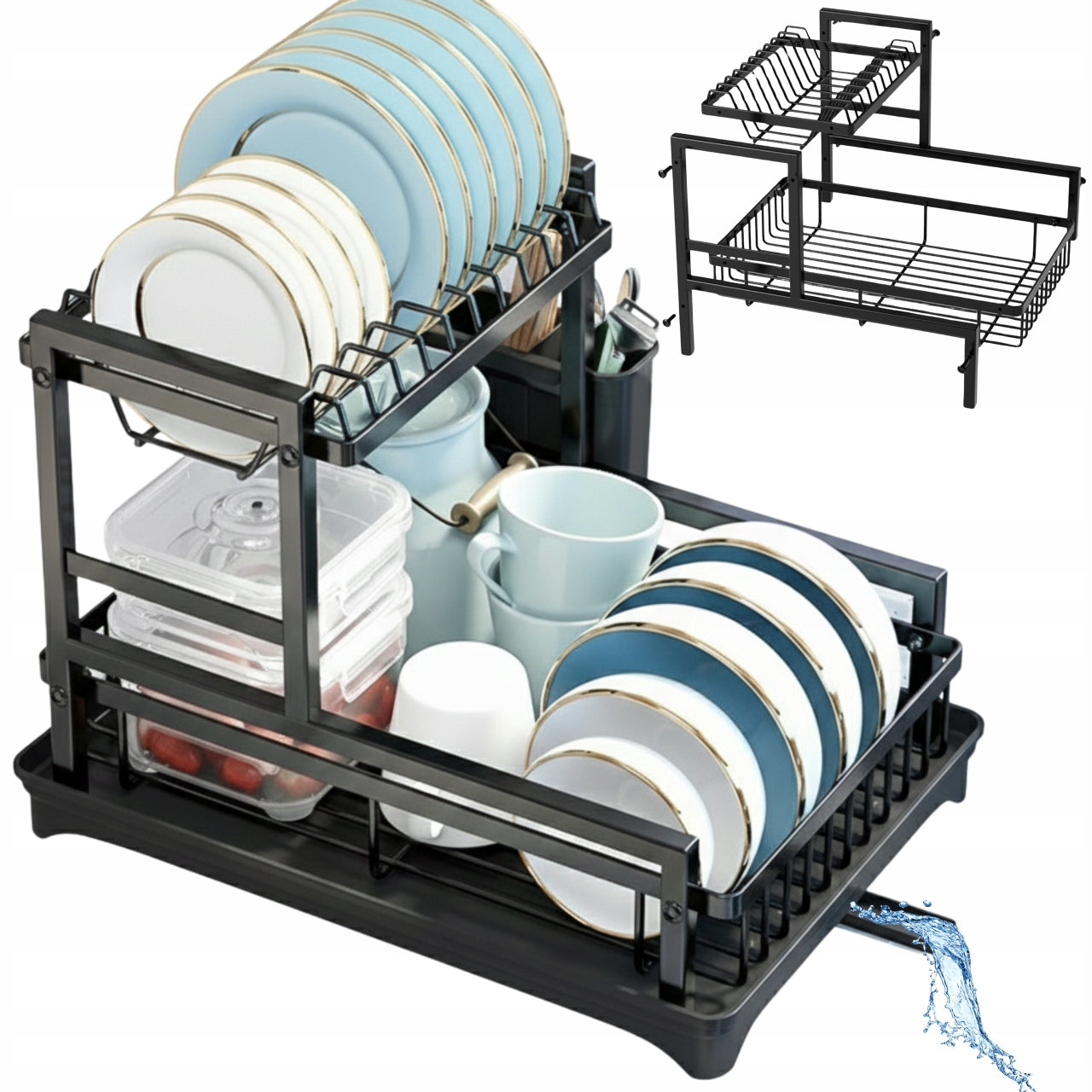 Dish Dryer Two-Tier Black Cutter Stand Organizer with Drain