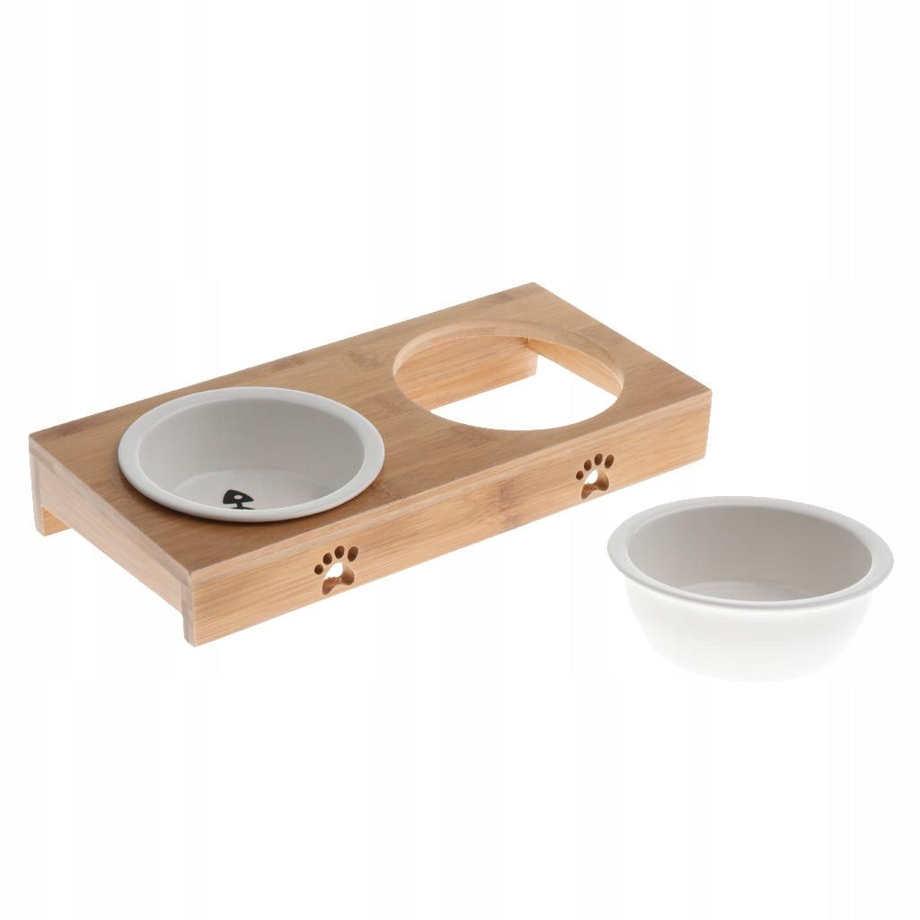 Dish Feeder Single/Double Feeding Set Bamboo Ceramic Double Bowl