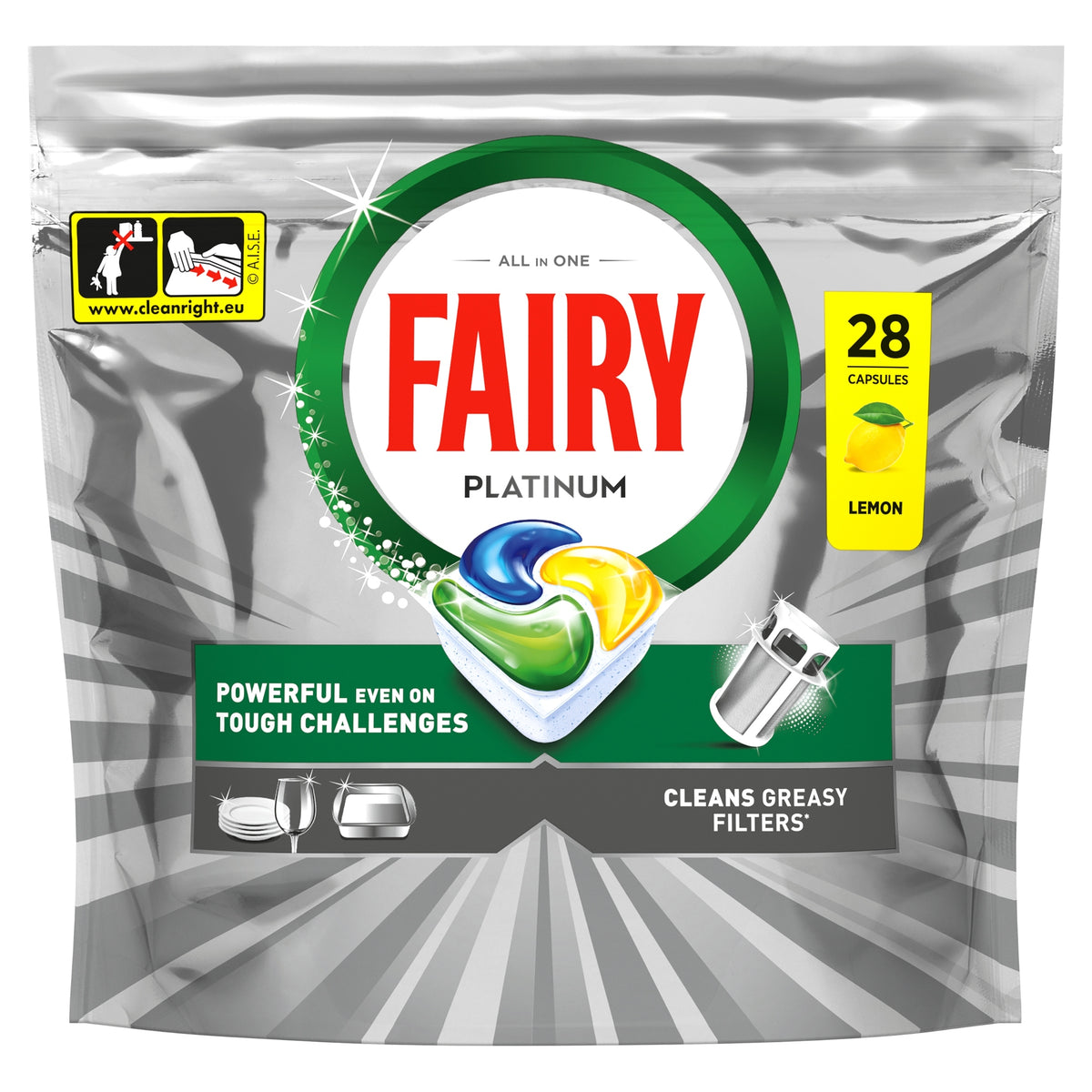 Dishwasher Capsules Fairy Platinum All in One 28 pcs Lemon Packaging status original