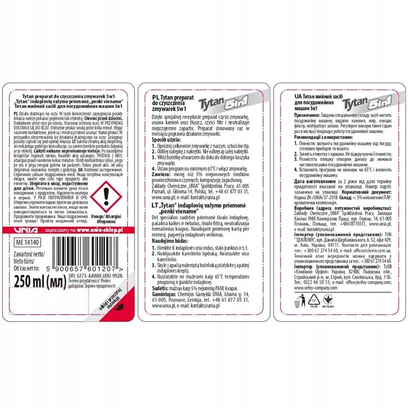 Dishwasher Cleaner Tytan 5 in 1 250ml Manufacturer code 5900657601207
