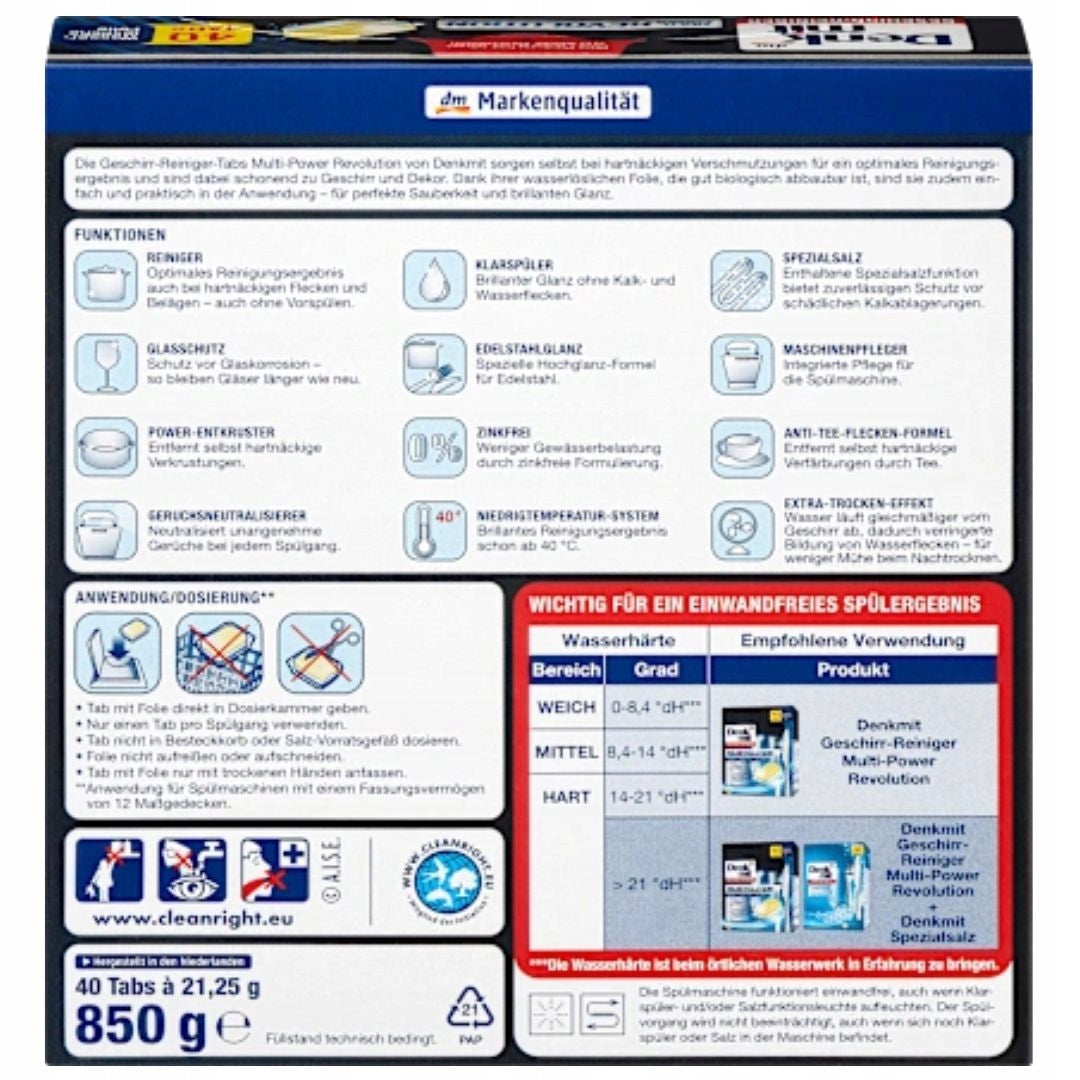 Dishwasher Tablets Denkmit Multi-Power Revolution 40 Pack Brand Denkmit