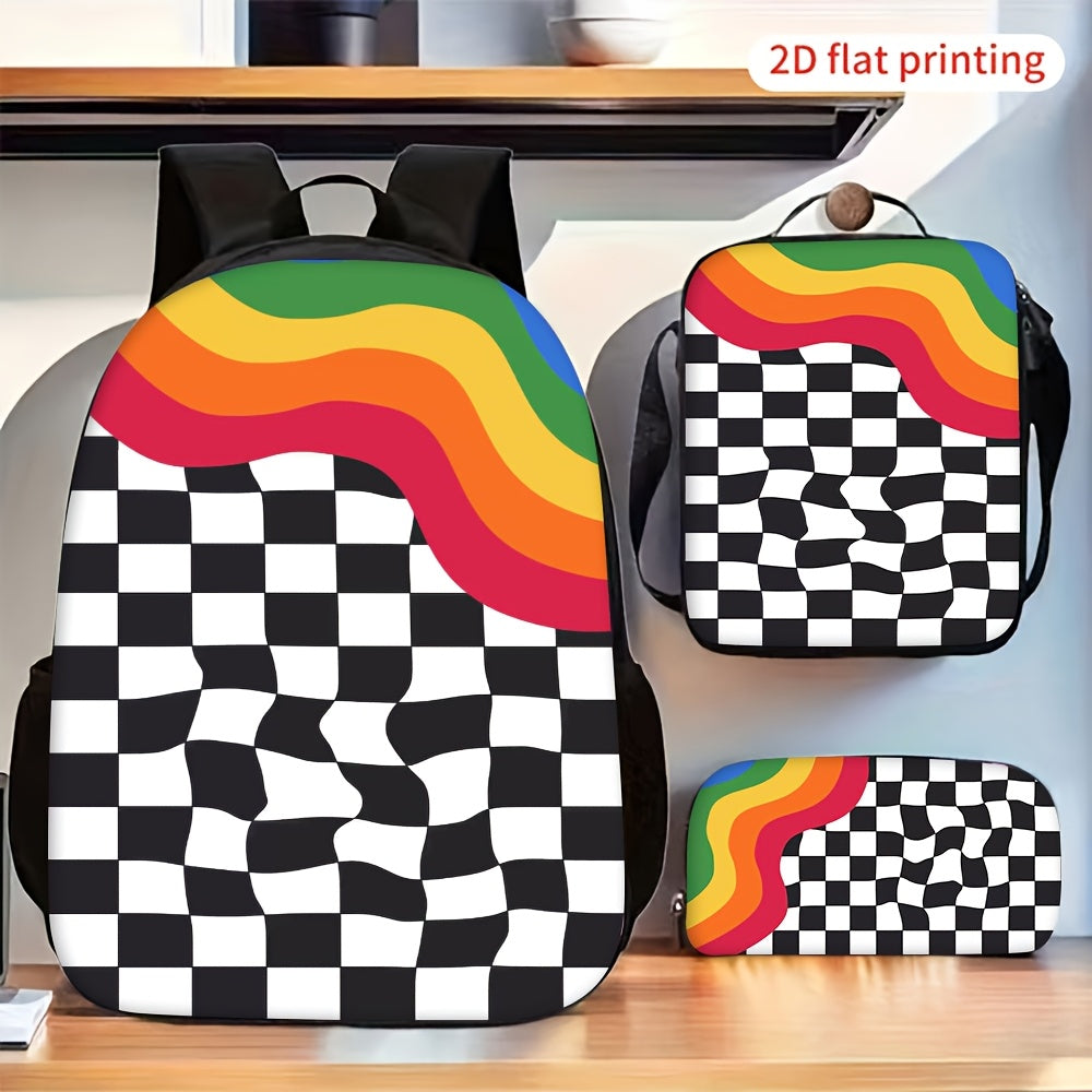 Distorted Checkerboard Rainbow Wavy Pattern Backpack Set Crossbody