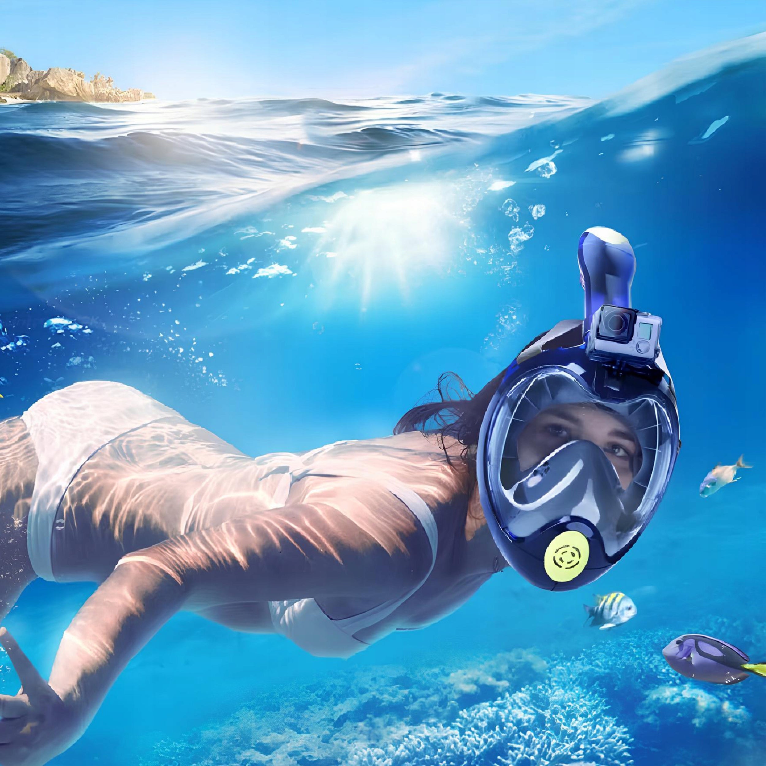 Diving Mask Snorkeling Full Face FITS WELL S/M +ETUI Manufacturer code NURKOWA PEŁNOTWARZOWA RURKA SNORKELING DryTop