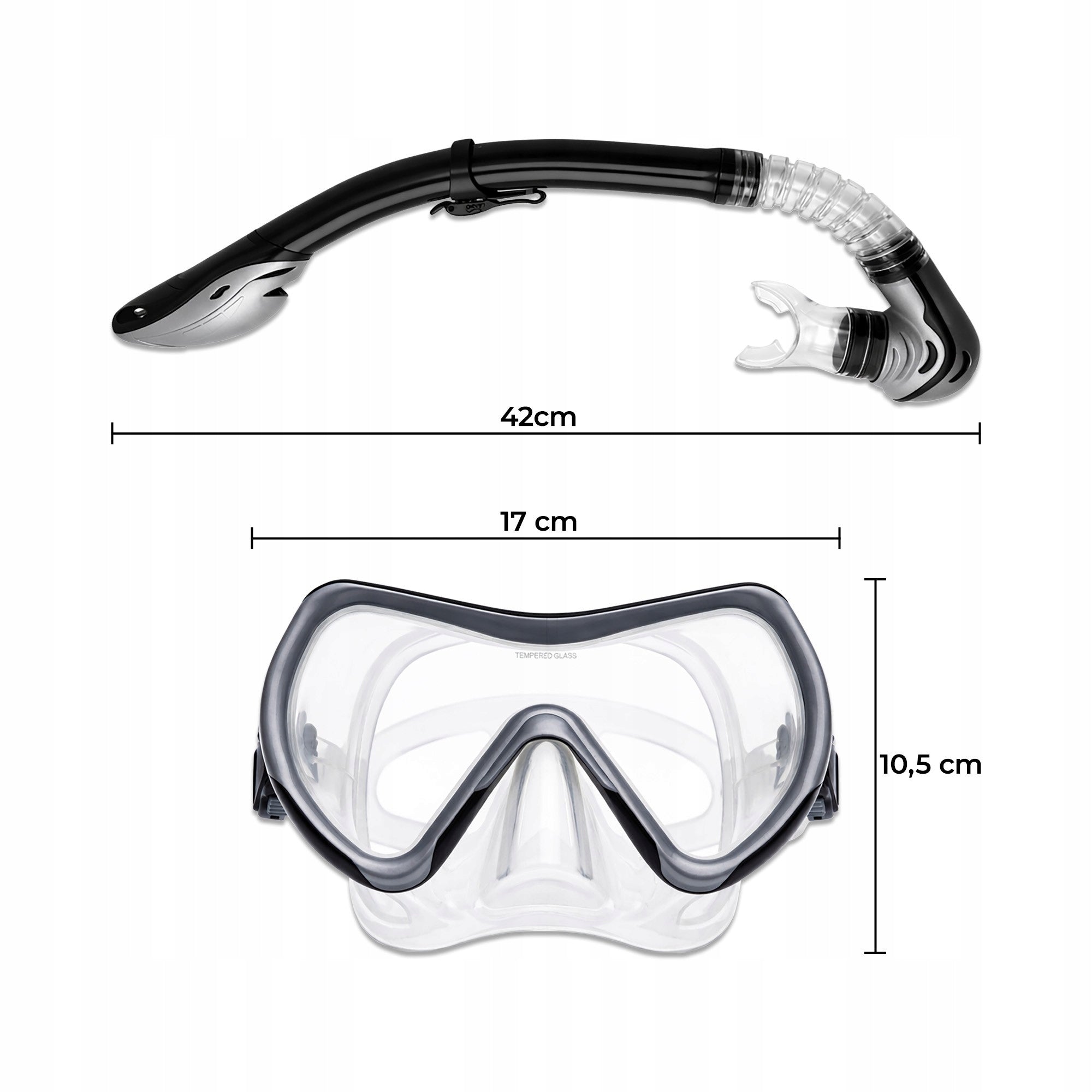 Diving Mask with Tube Snorkeling Glasses Pipe Set Grey Color black