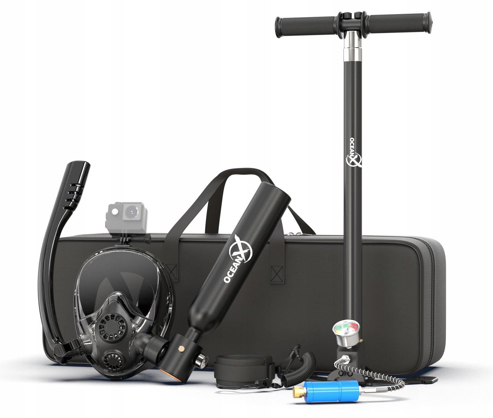 Diving Set with Cylinder Full Face Mask with Pump 5in1 OceanX 0,5L Color black