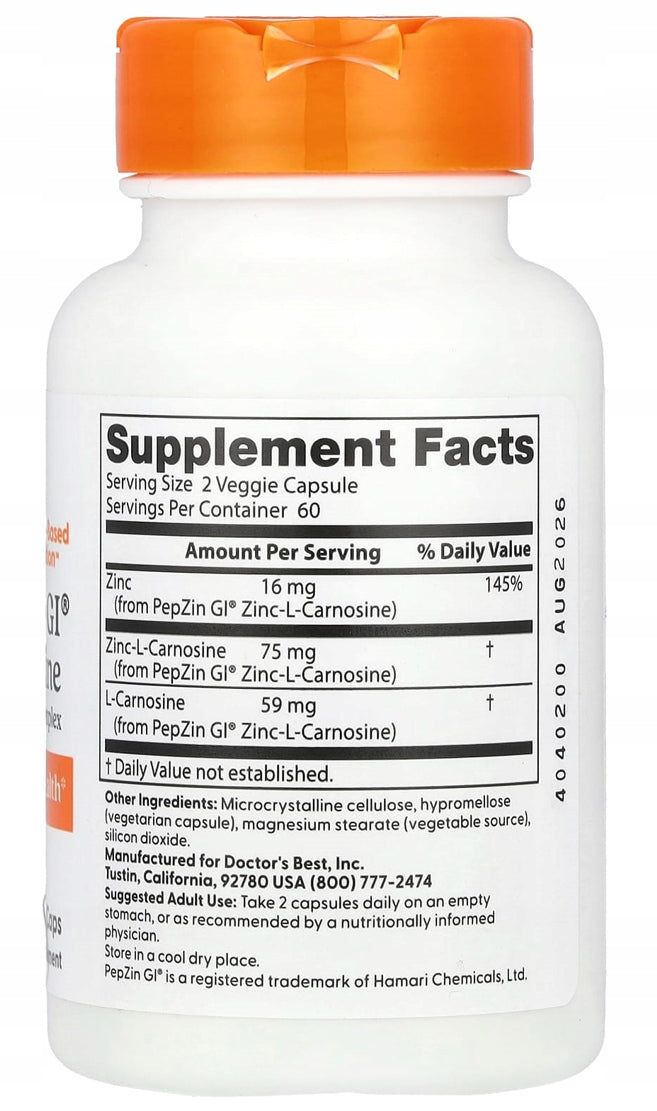 Doctor's Best PepZin Gl | Zinc L-Carnosine complex | STOMACH 120 kaps. Expiration date at least 1 year from the date of purchase