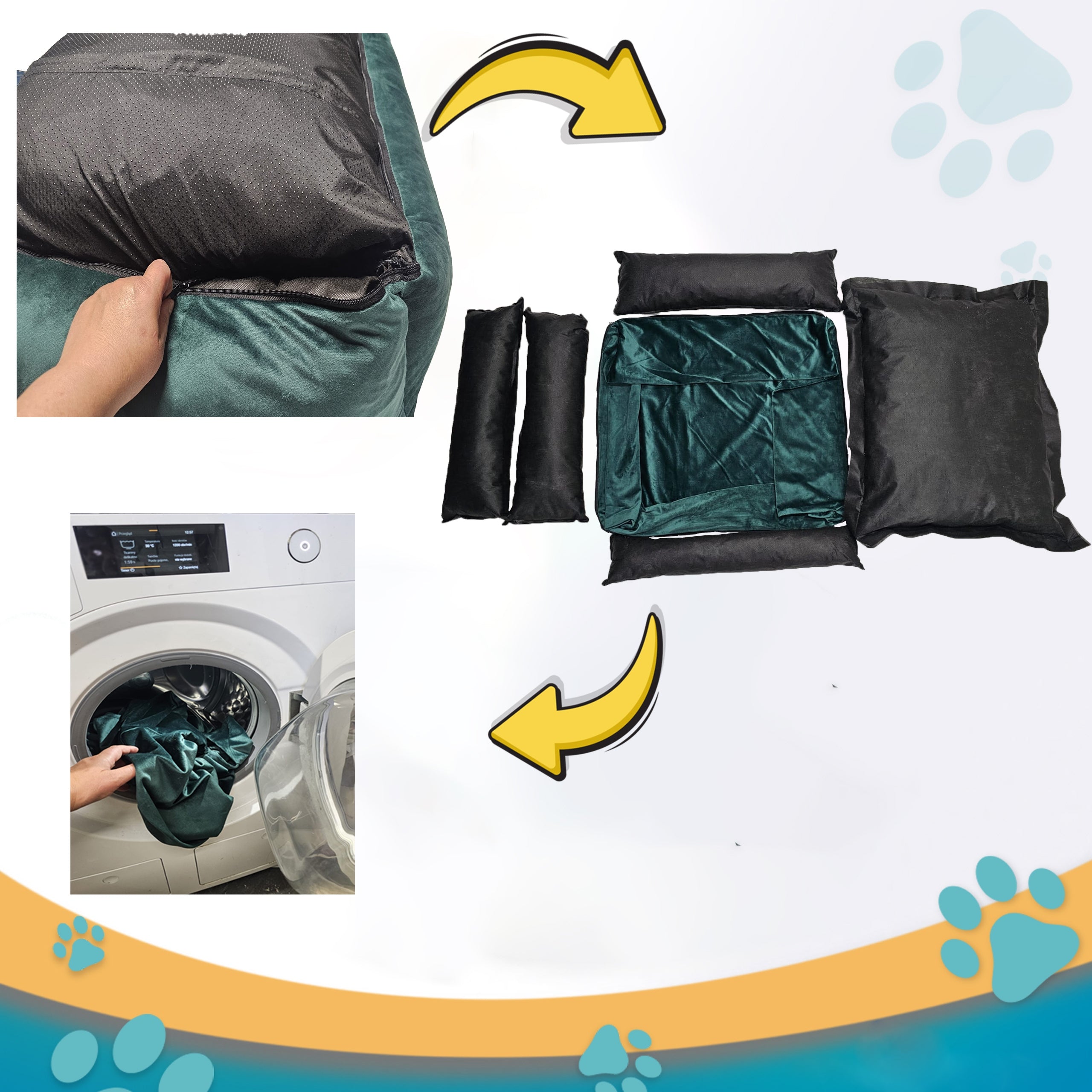 Dog Bed Couch 75x65 Velvet Removable Cover Green Packaging status original