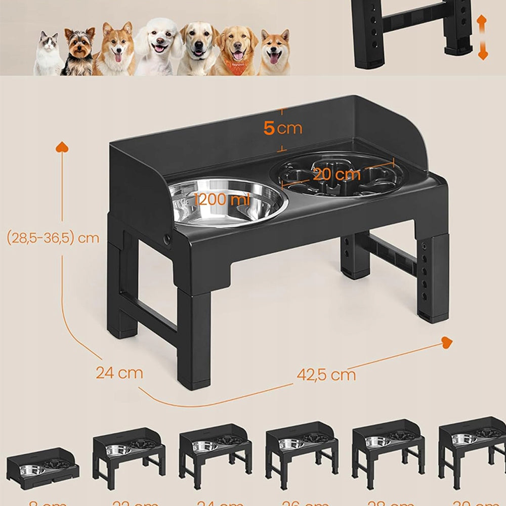 Dog Bowl Double Non-Spill Metal Adjustable on Stand 3in1 Color black