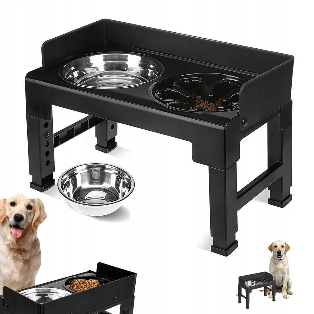 Dog Bowl Double Non-Spill Metal Adjustable on Stand 3in1
