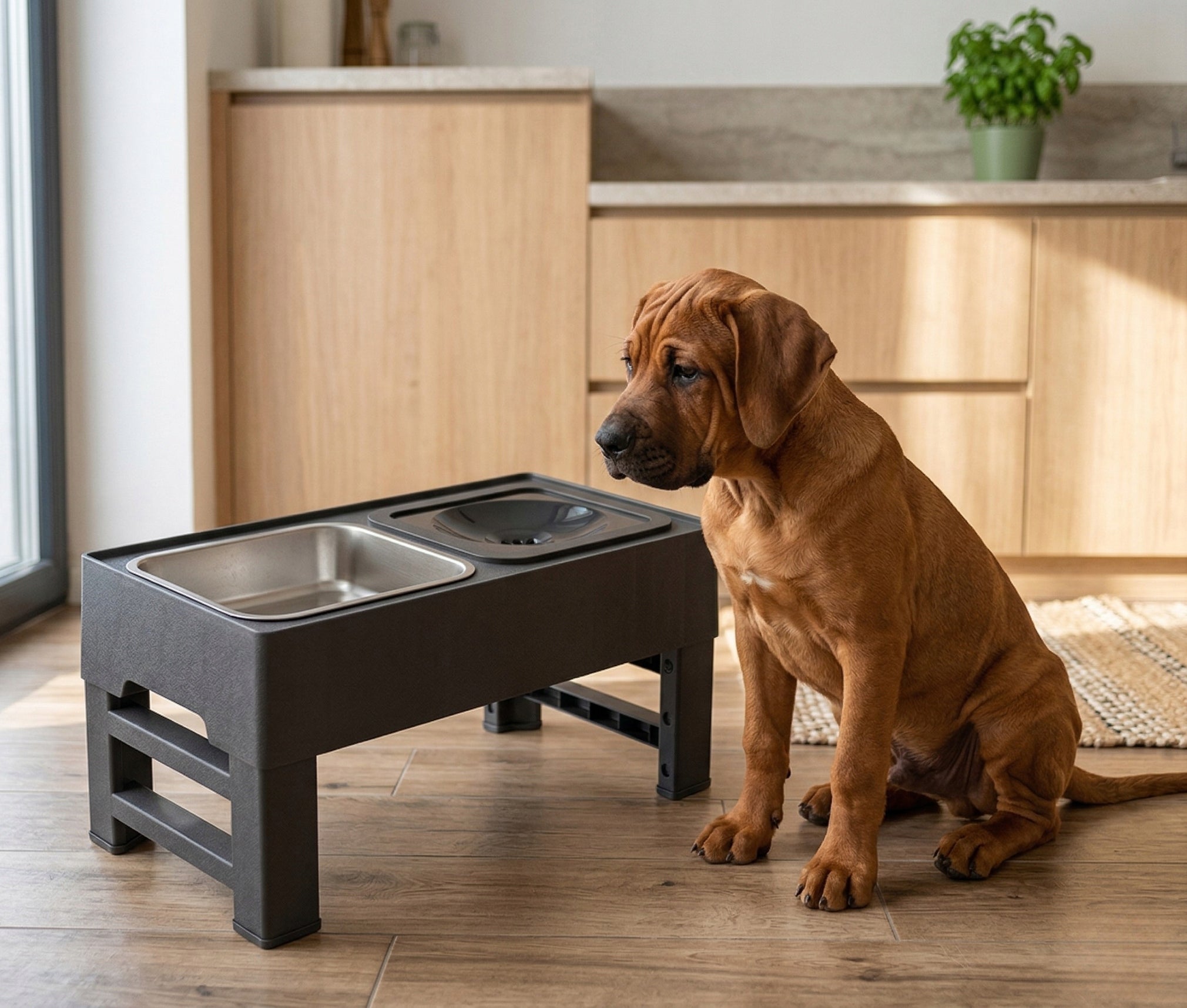 Dog Bowl Set Adjustable Height Double Non-Spill Metal 2in1 Material made from a synthetic material
