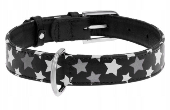 Dog COLLAR Leather Reflector WAUDOG COLLAR 38-49CM BLACK STARS STRONG Manufacturer code 35871