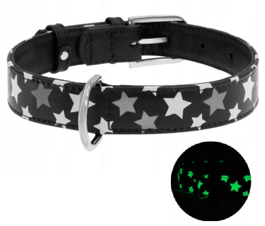 Dog COLLAR Leather Reflector WAUDOG COLLAR 38-49CM BLACK STARS STRONG
