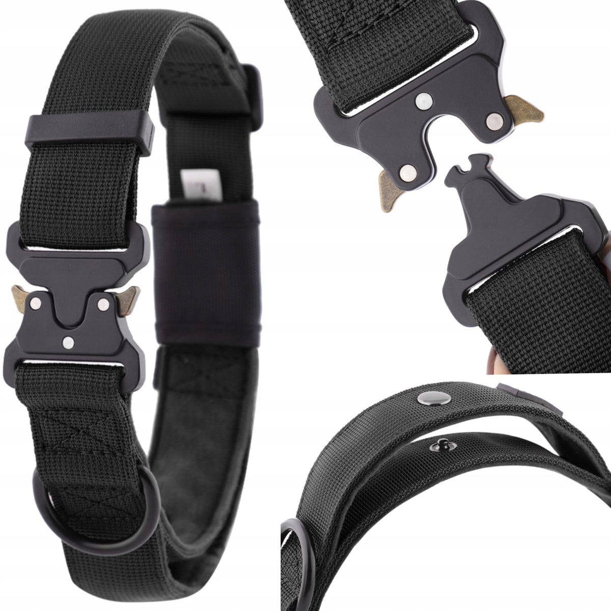 Dog COLLAR wide tactical with handle STRONG black HUGGY DOGGY L