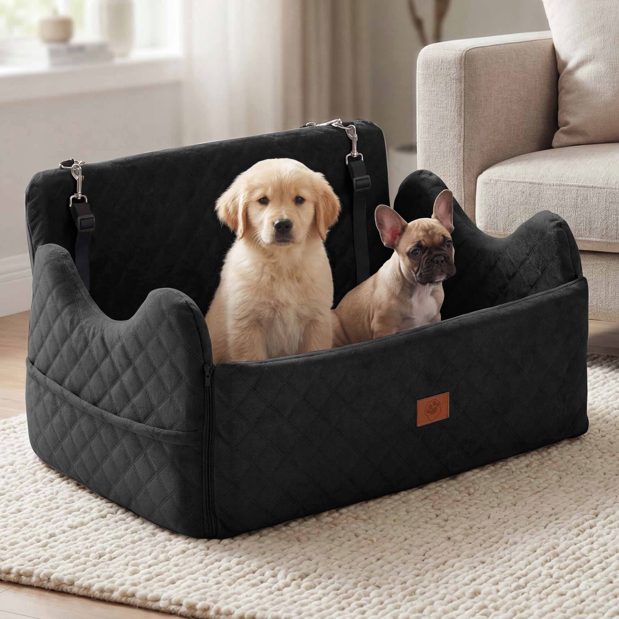 Dog Car Seat, Memory Foam, Pet Bed, 2 Safety Belts,Storage Bag, 76cm, Black Packaging status original