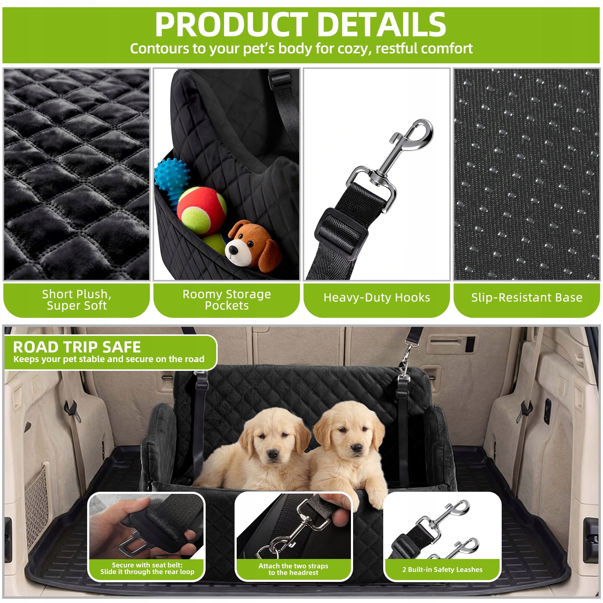 Dog Car Seat, Memory Foam, Pet Bed, 2 Safety Belts,Storage Bag, 76cm, Black Product height 40 cm