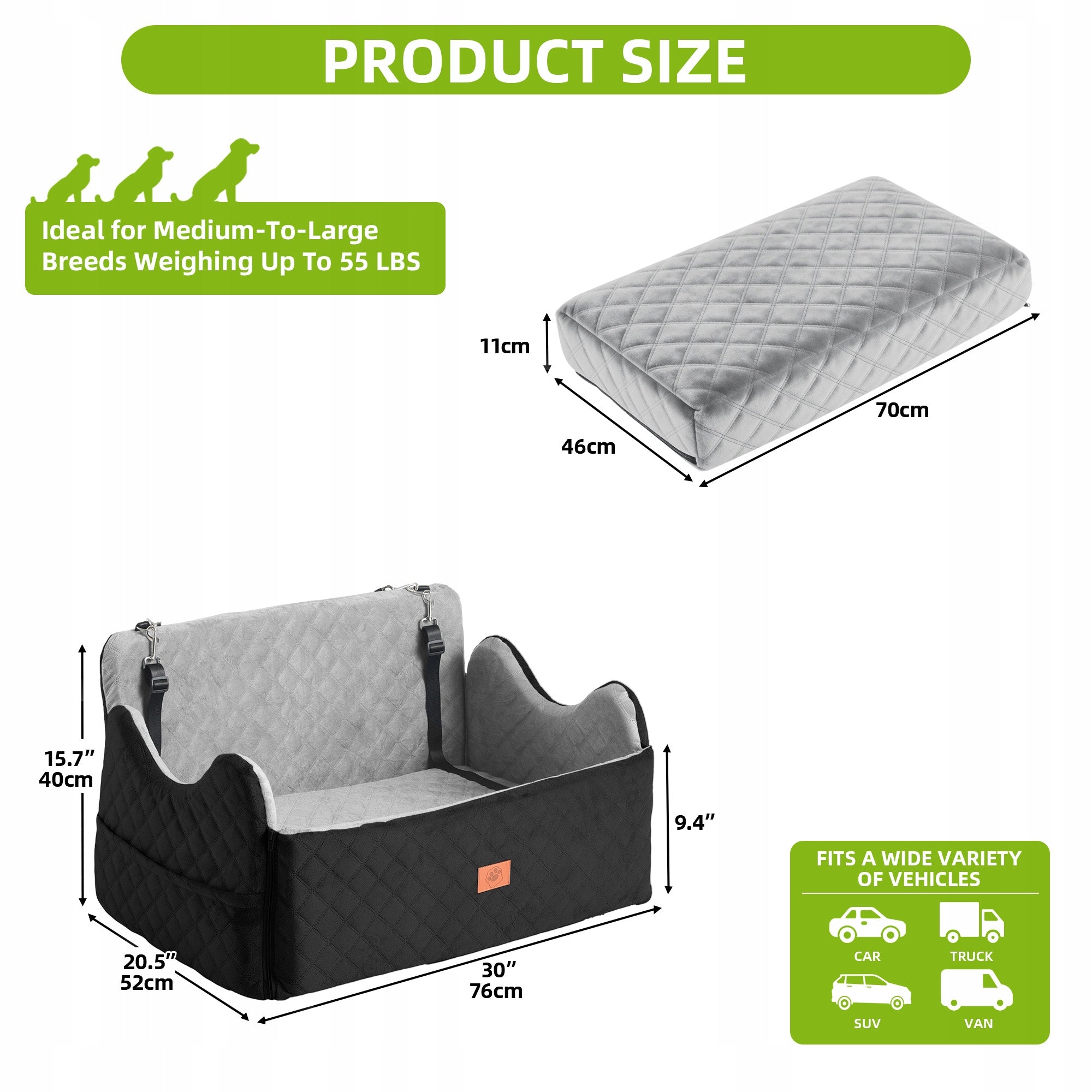 Dog Car Seat, Memory Foam, Pet Bed, 2 Safety Belts,Storage Bag, 76cm, Gray Brand Balconera