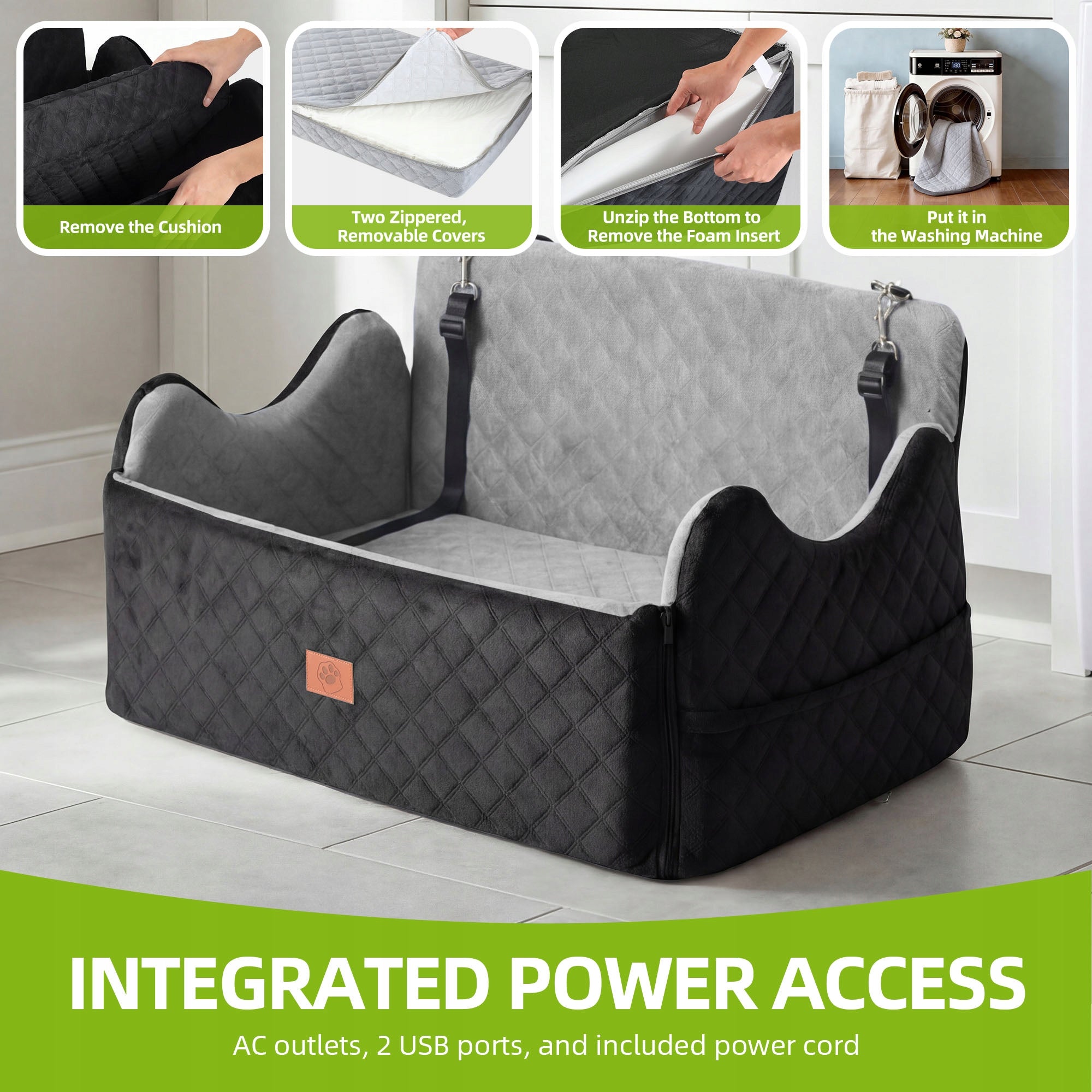 Dog Car Seat, Memory Foam, Pet Bed, 2 Safety Belts,Storage Bag, 76cm, Gray Main material fabric