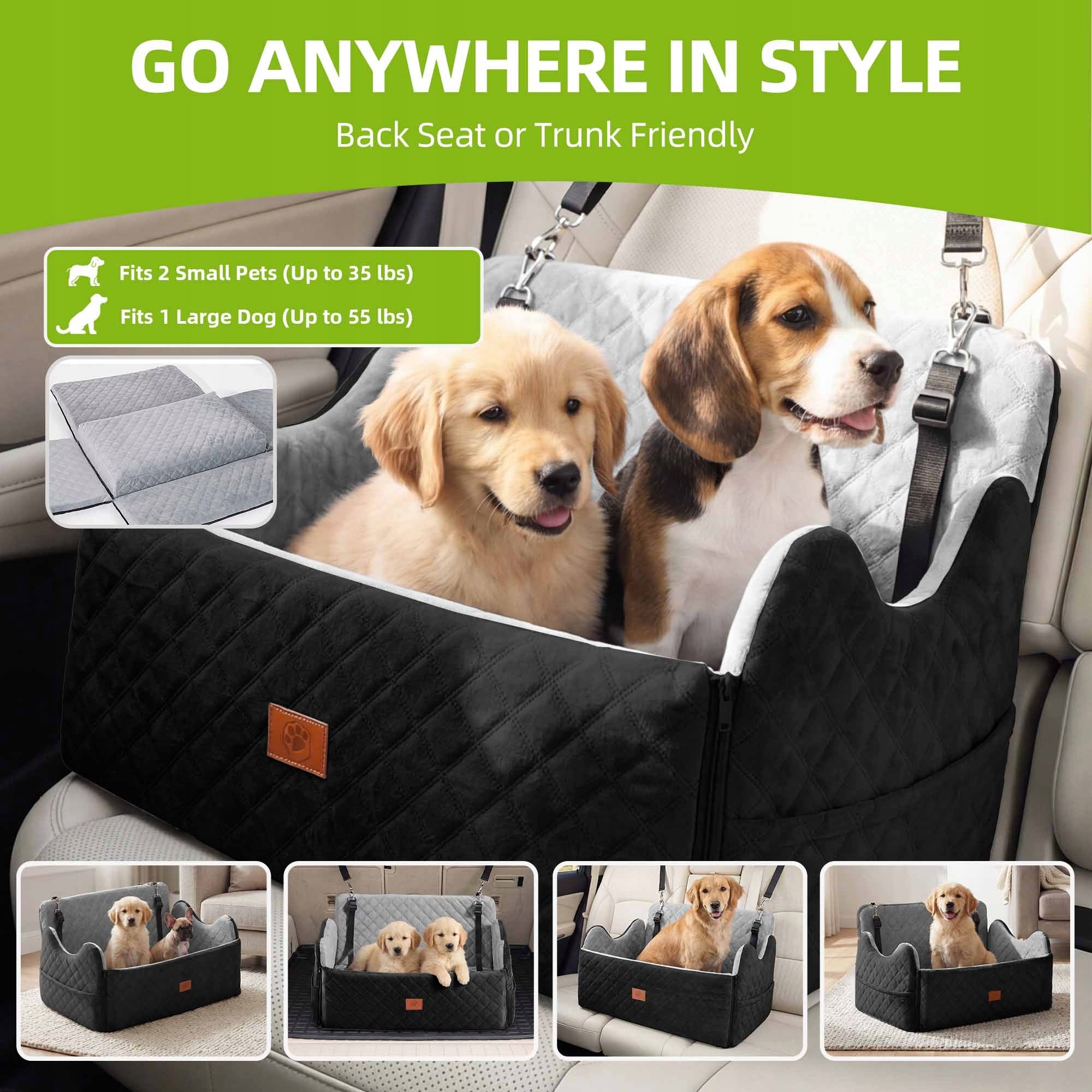Dog Car Seat, Memory Foam, Pet Bed, 2 Safety Belts,Storage Bag, 76cm, Gray Product height 40 cm