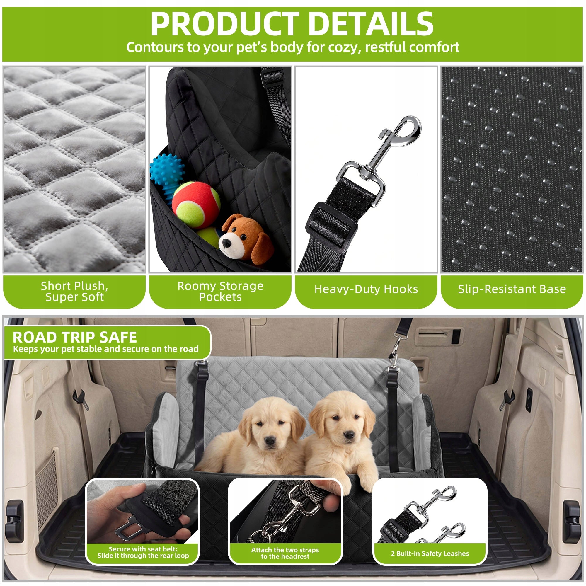 Dog Car Seat, Memory Foam, Pet Bed, 2 Safety Belts,Storage Bag, 76cm, Gray Size L
