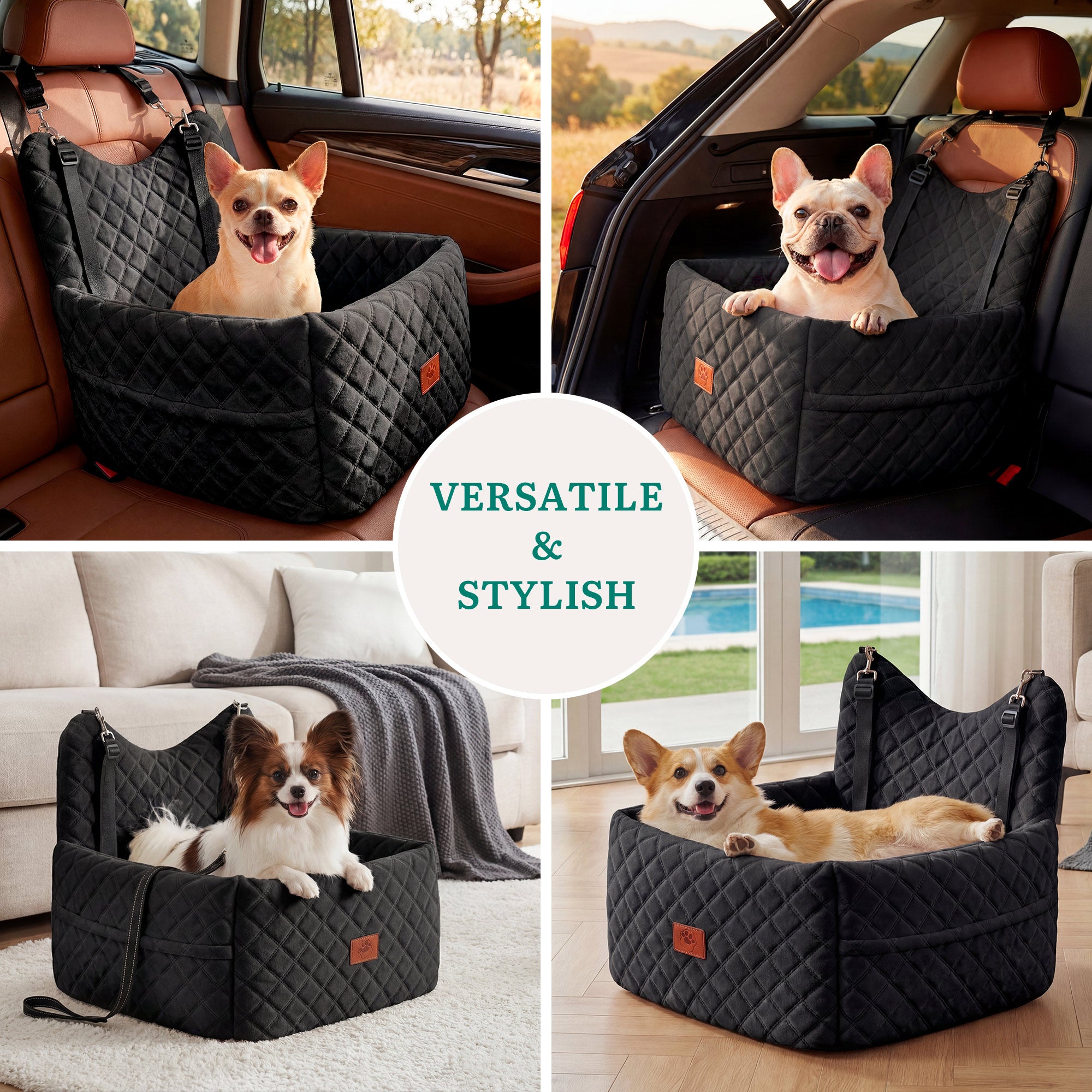 Dog Car Seat, Memory Foam, Pet Bed, 2 Safety Belts,Storage Bag, Black Product height 48 cm