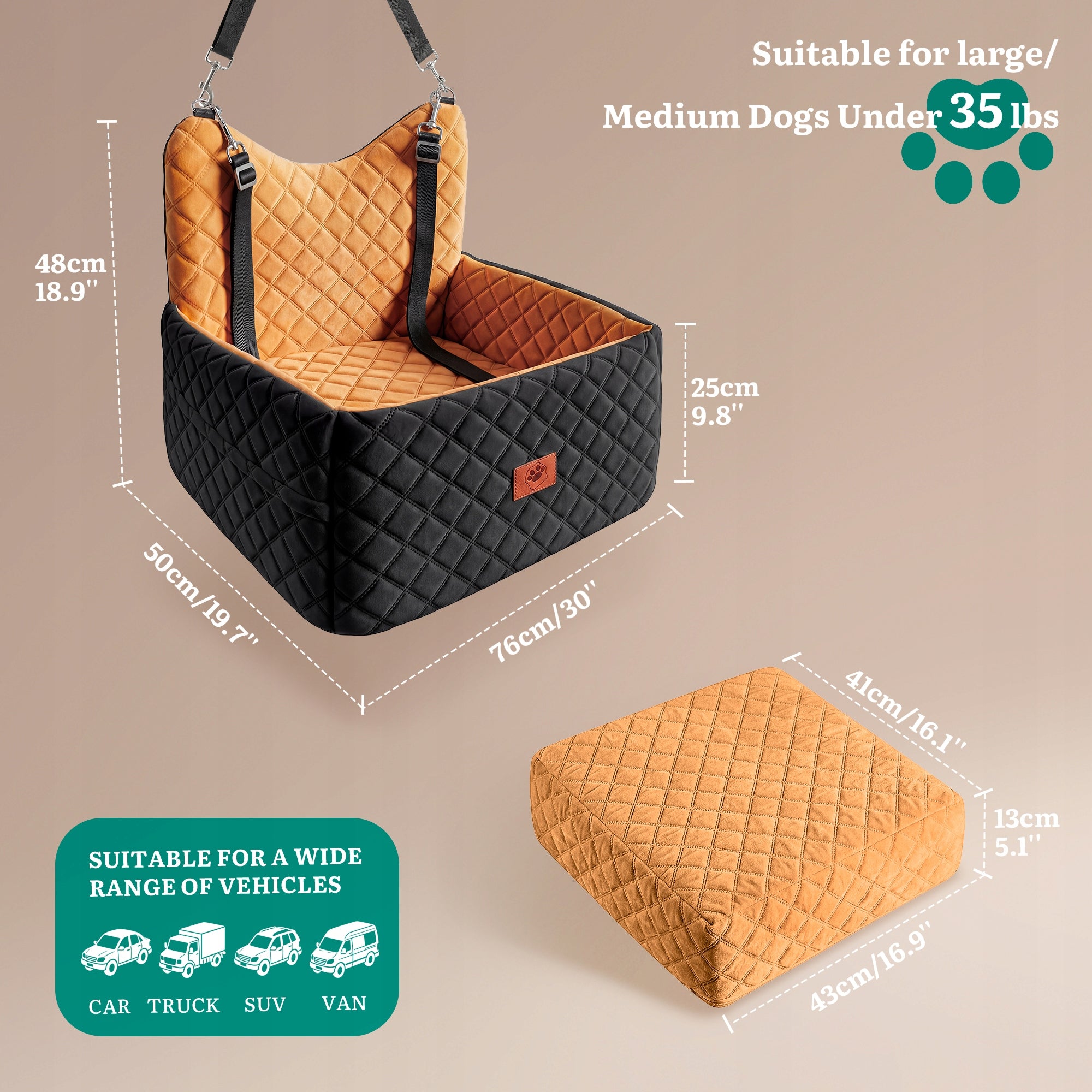 Dog Car Seat, Memory Foam, Pet Bed, 2 Safety Belts,Storage Bags, Orange Brand Balconera