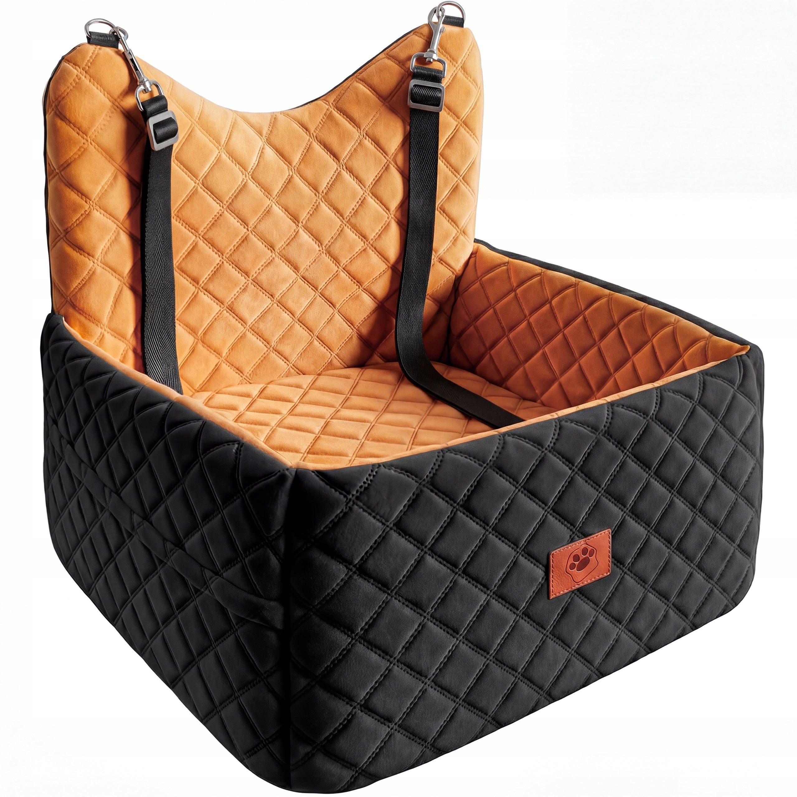Dog Car Seat, Memory Foam, Pet Bed, 2 Safety Belts,Storage Bags, Orange Packaging status original